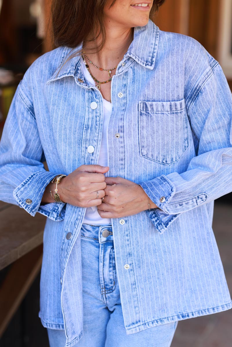 Light Wash Pinstripe Denim Shirt Jacket