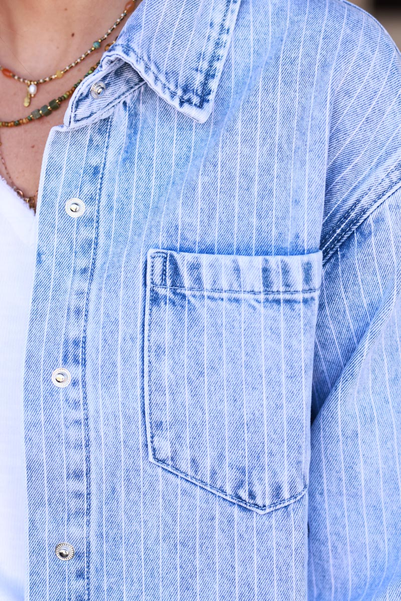 Light Wash Pinstripe Denim Shirt Jacket