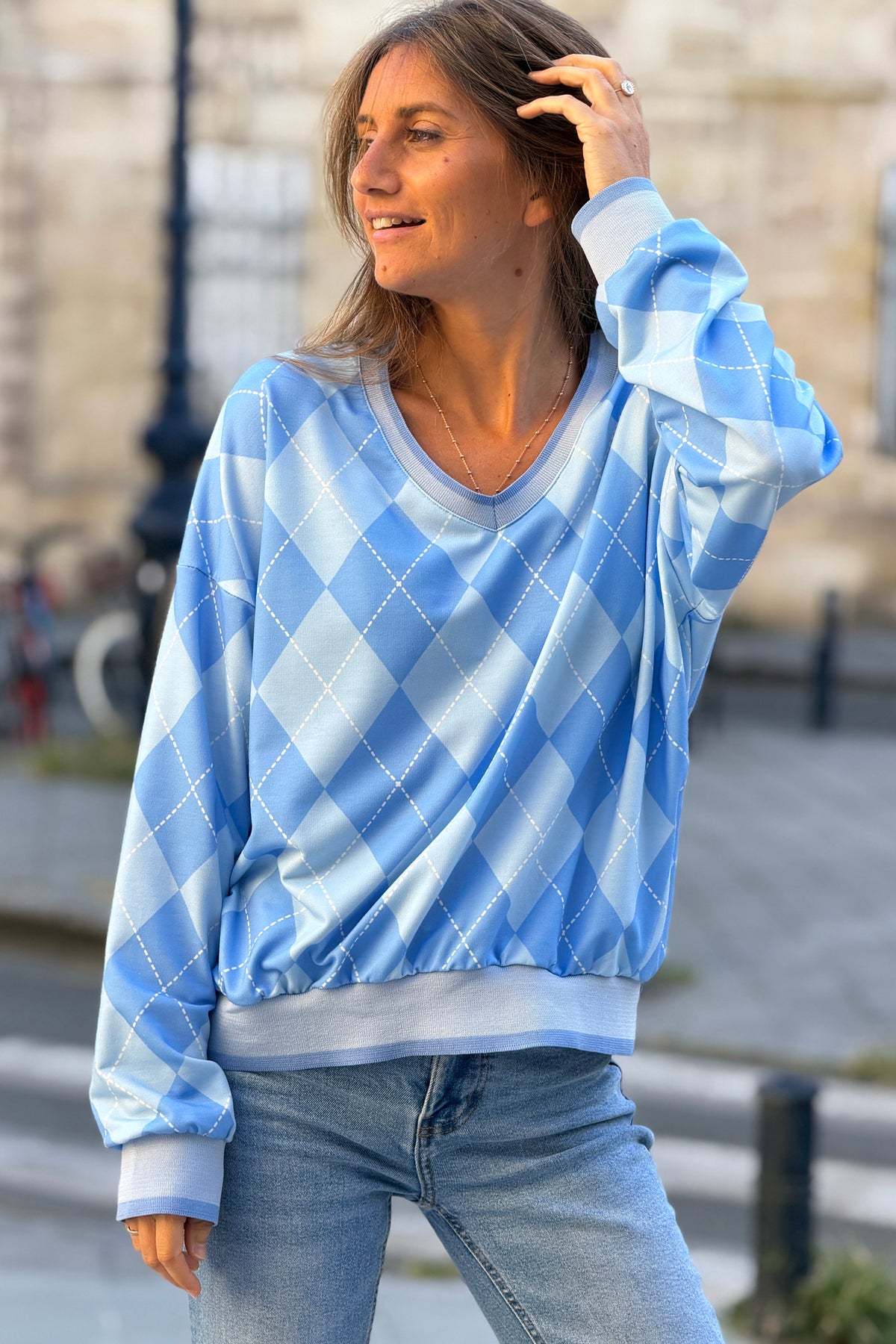 Blue Argyle V-Neck Sweater