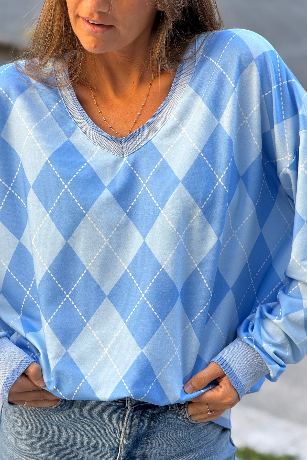 Blue Argyle V-Neck Sweater