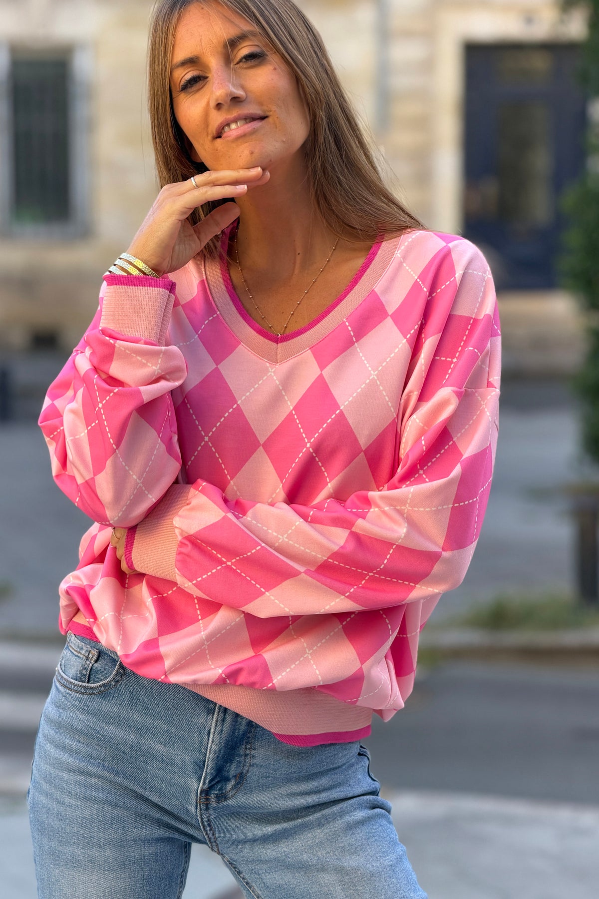 Pink Argyle V-Neck Sweater