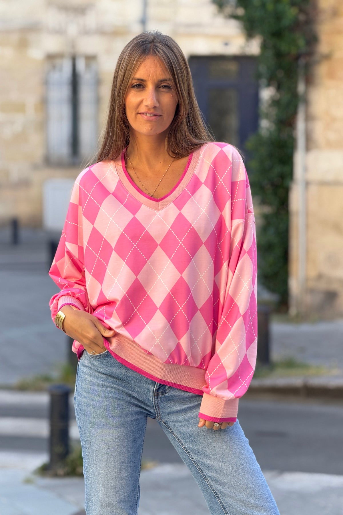 Pink Argyle V-Neck Sweater