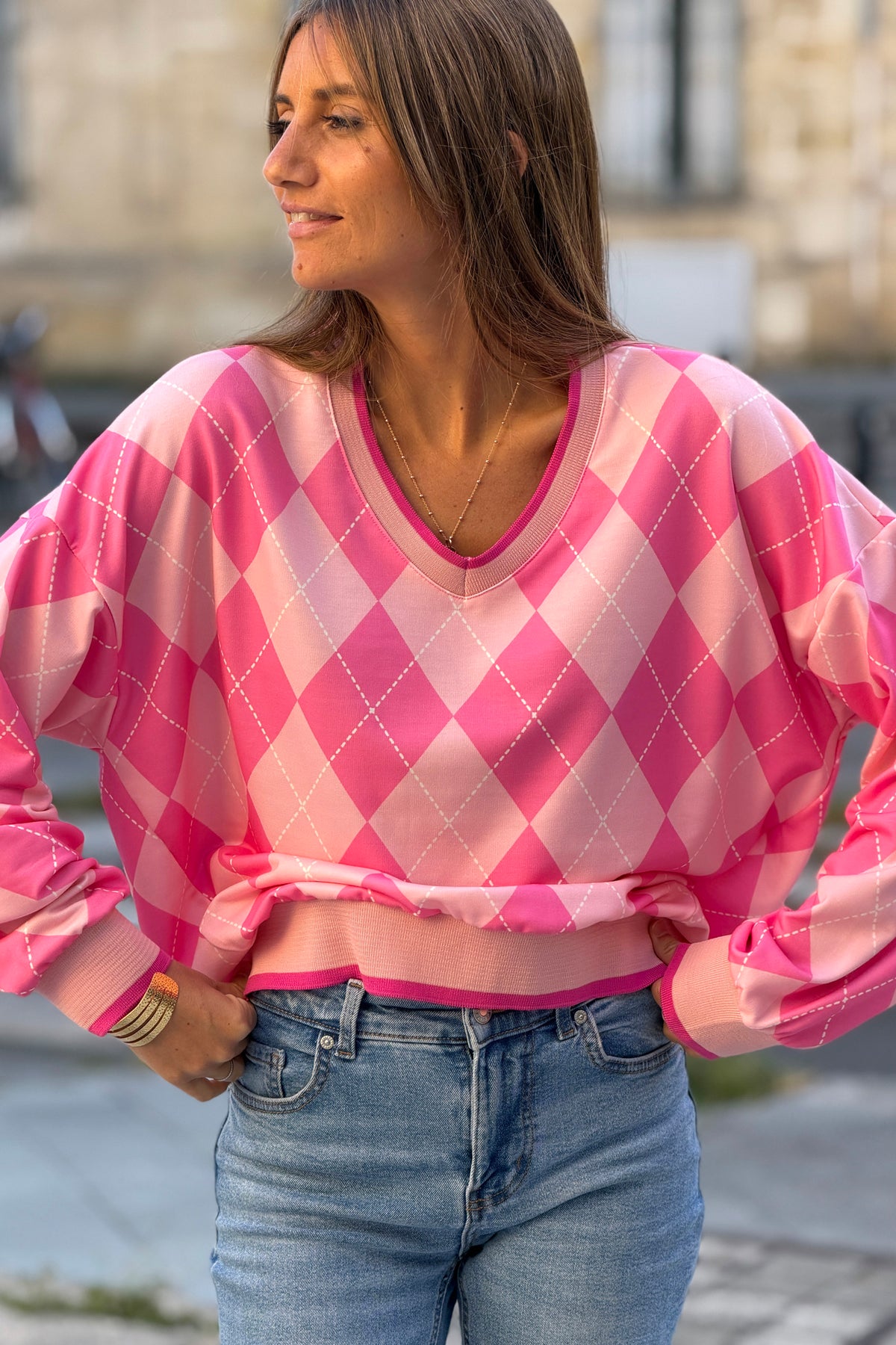 Pink Argyle V-Neck Sweater
