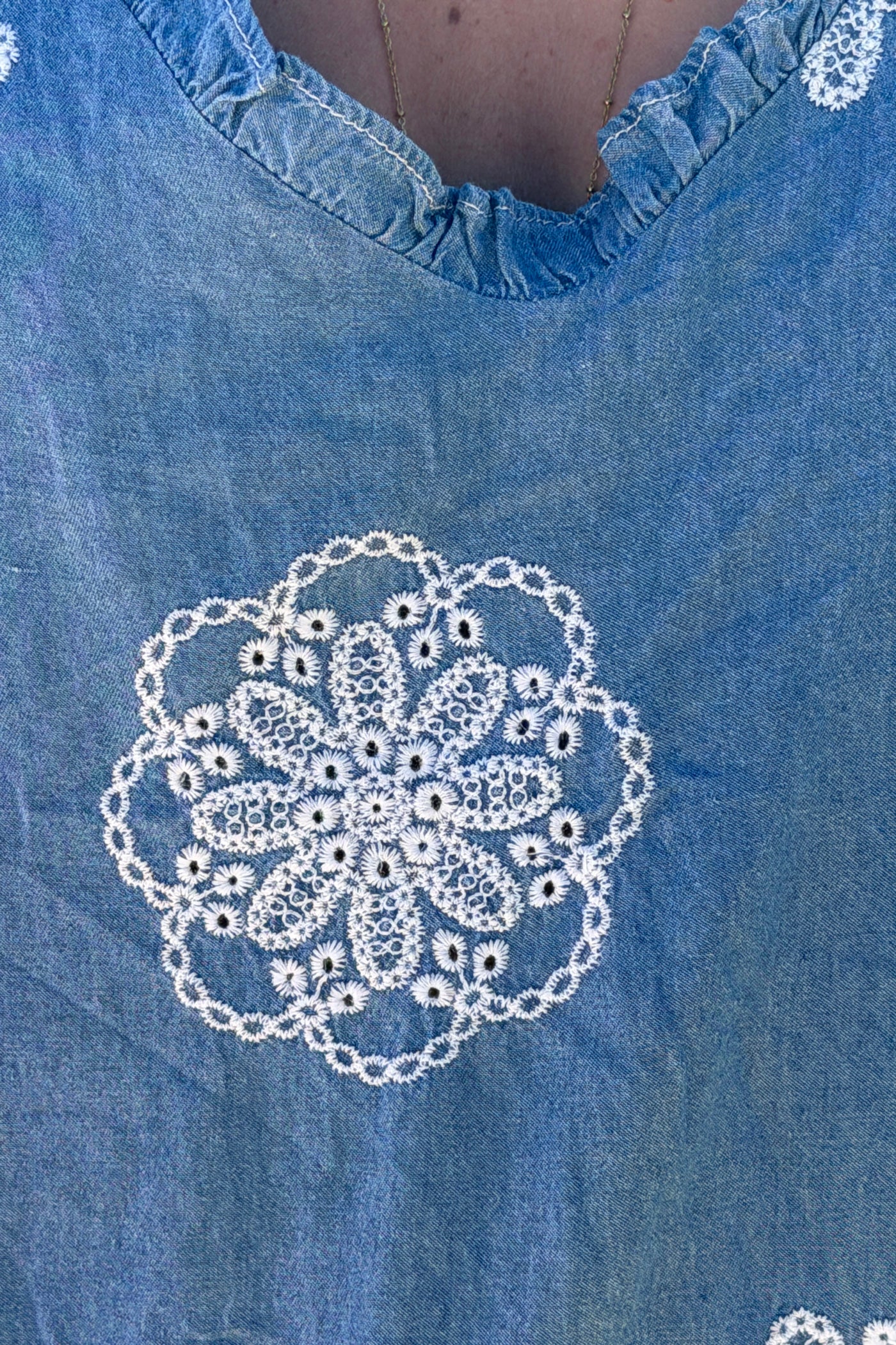 Blue Jean Chambray Woven Lace Tank Top
