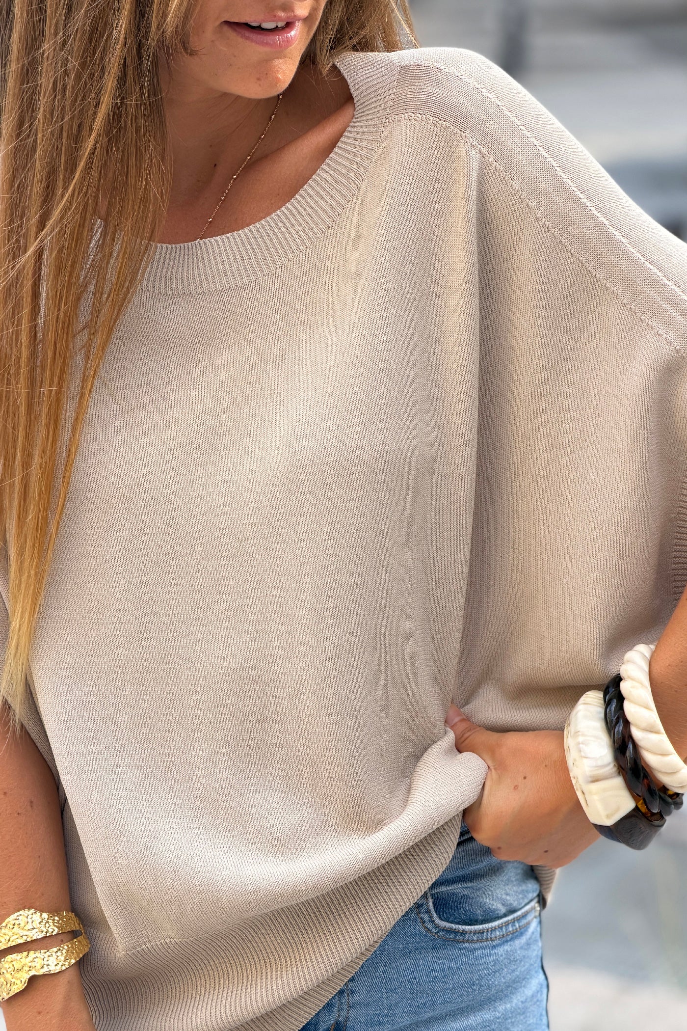 Beige Viscose Knit Dolman Blouse