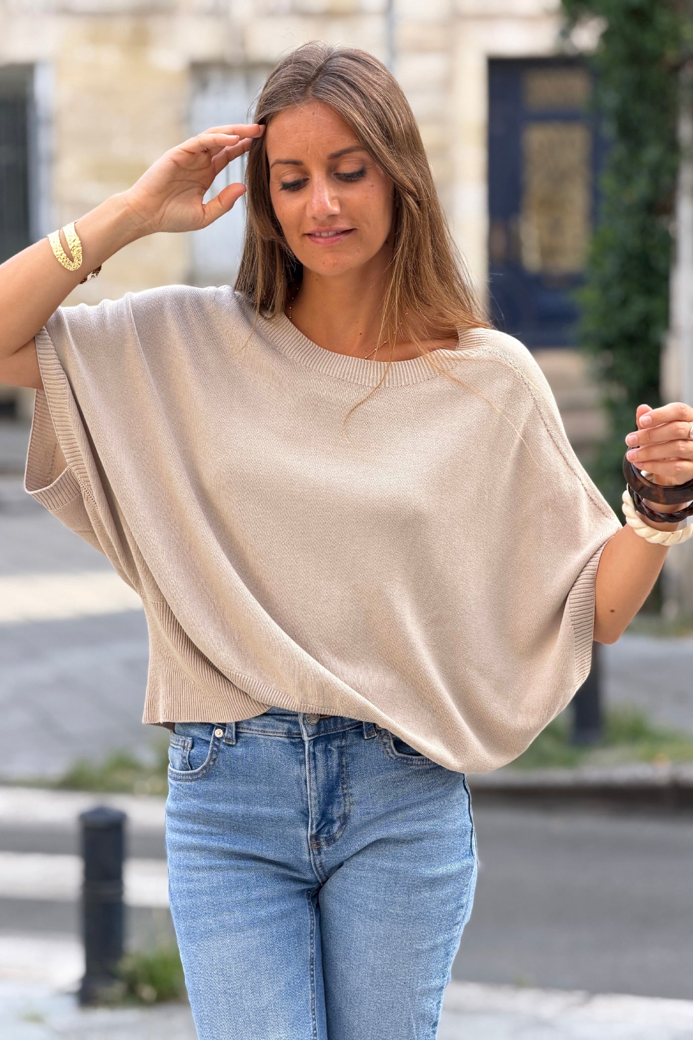 Beige Viscose Knit Dolman Blouse