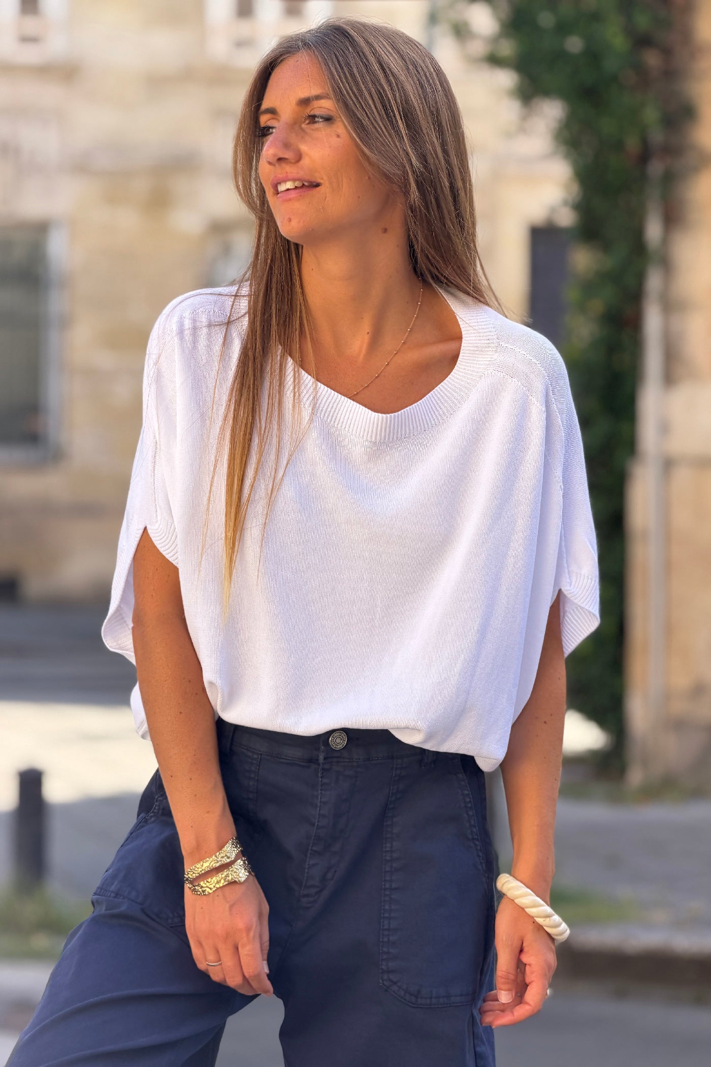 White Viscose Knit Dolman Blouse