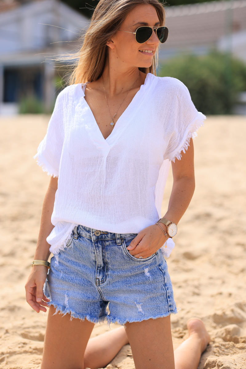 Top blanc mi coton mi lin petites franges