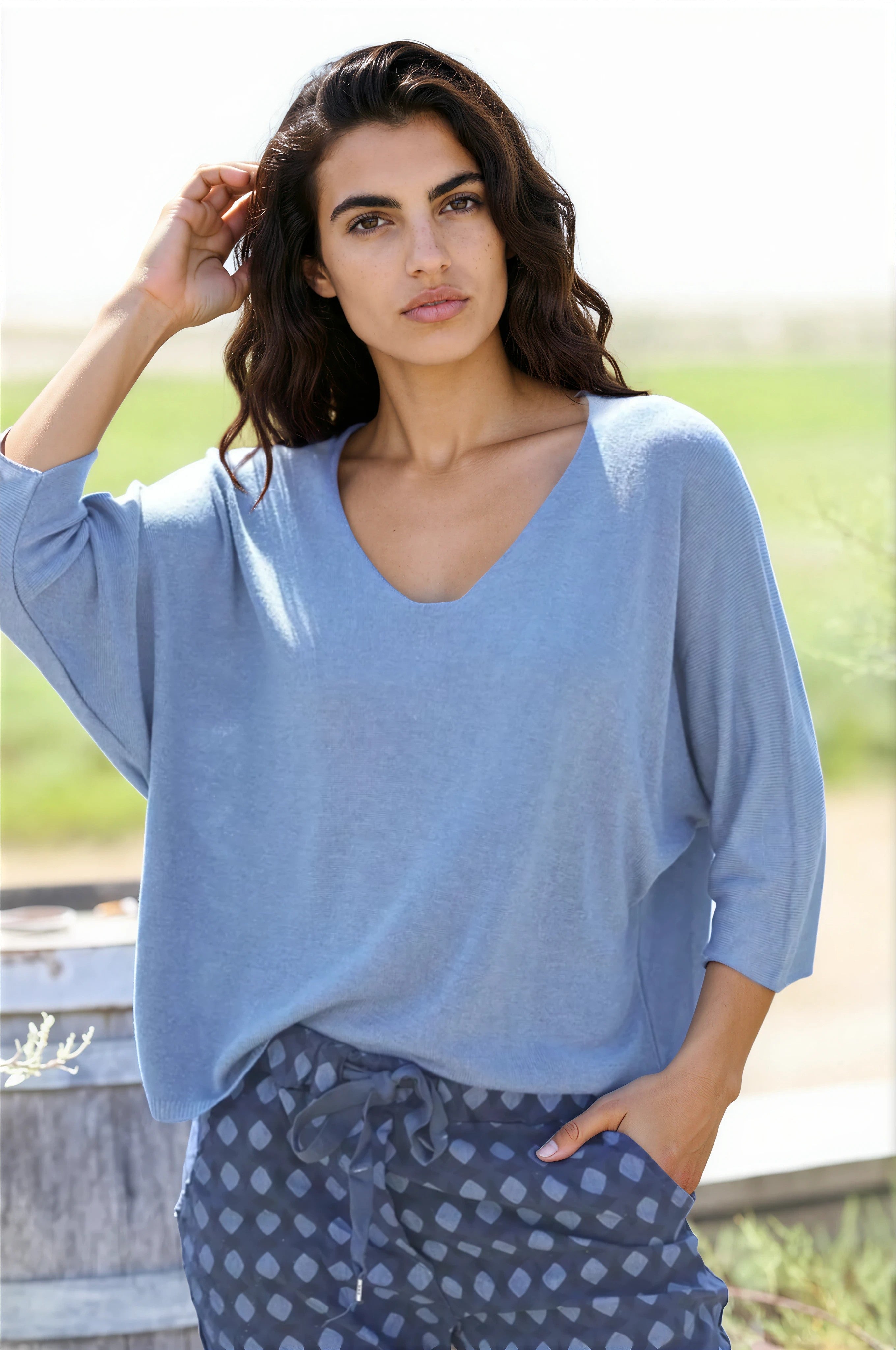 Batwing dusty blue jersey top