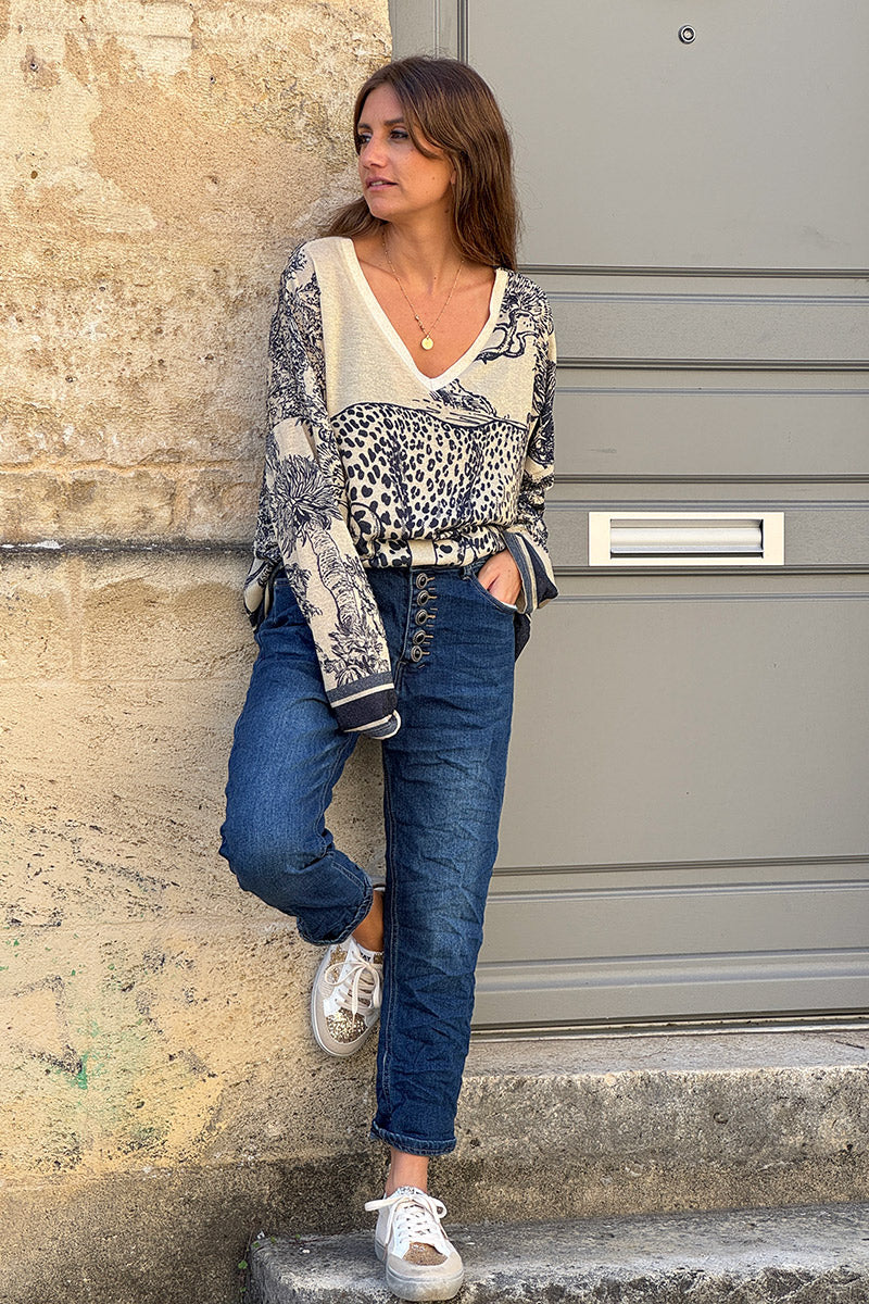 Top brillant beige imprimé léopard toile de jouy jungle bleu marine