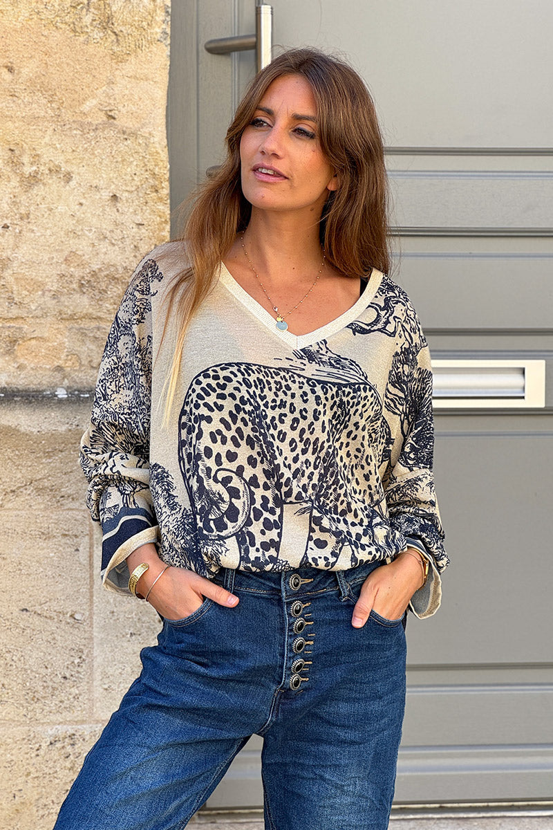 Top brillant beige imprimé léopard toile de jouy jungle bleu marine