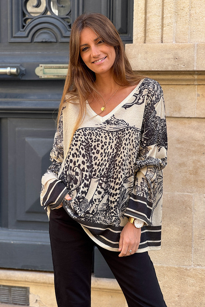 Cream sweater with Black Leopard Pastoral Print Long-Sleeve Knit Top
