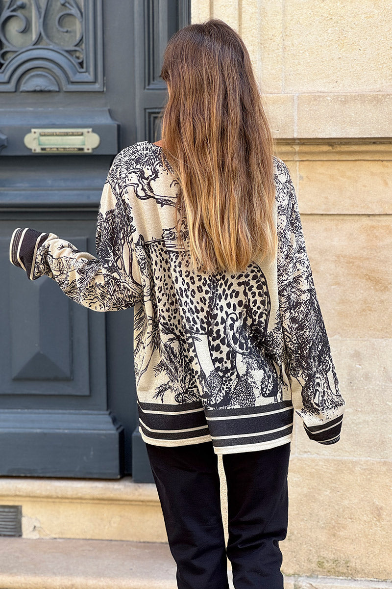 Cream sweater with Black Leopard Pastoral Print Long-Sleeve Knit Top
