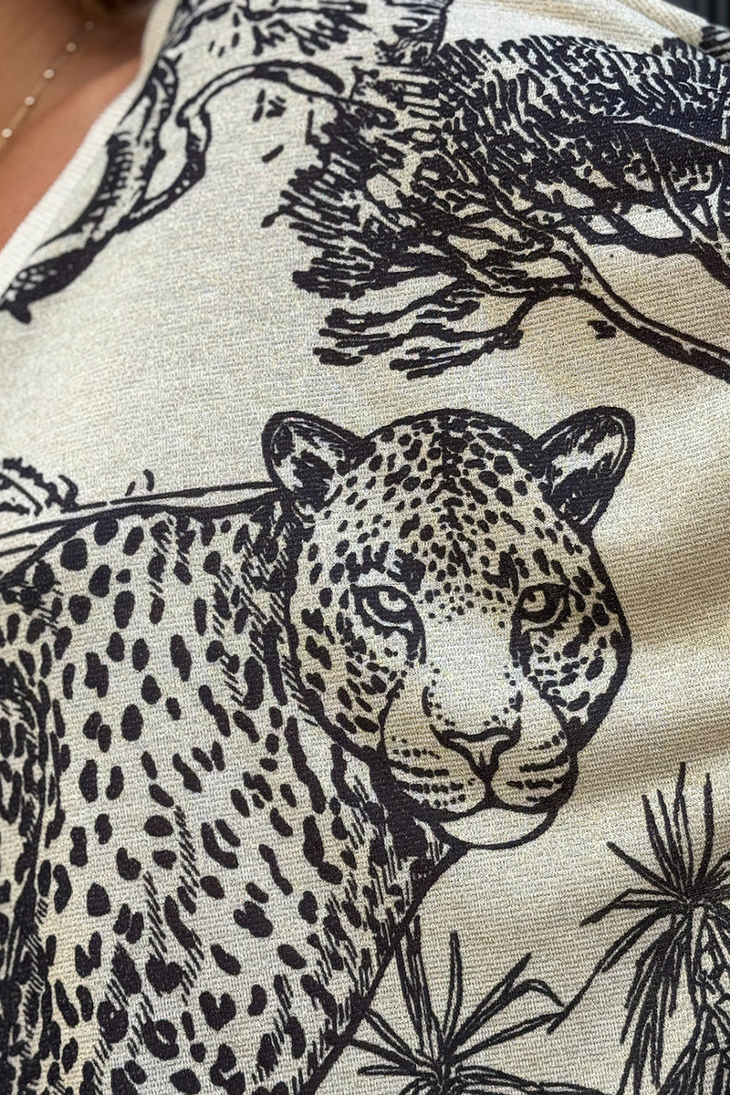Cream sweater with Black Leopard Pastoral Print Long-Sleeve Knit Top
