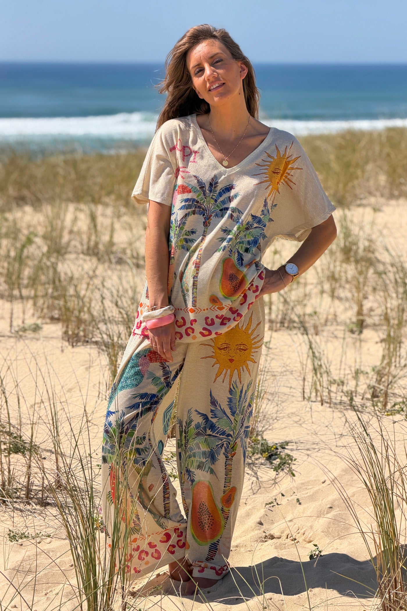 Top brillant lurex imprimé coloré tropical palmier soleil et papaye