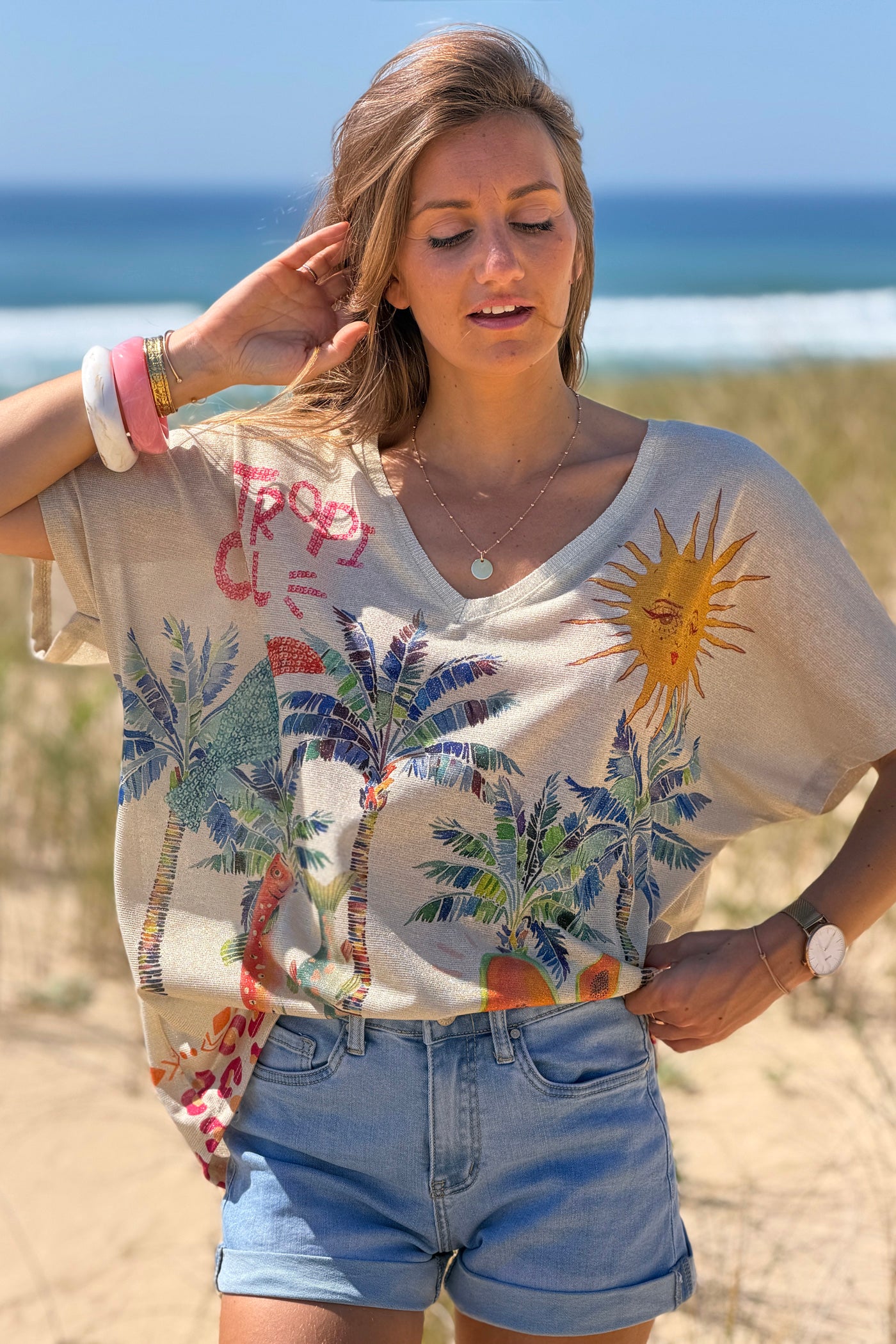Top brillant lurex imprimé coloré tropical palmier soleil et papaye