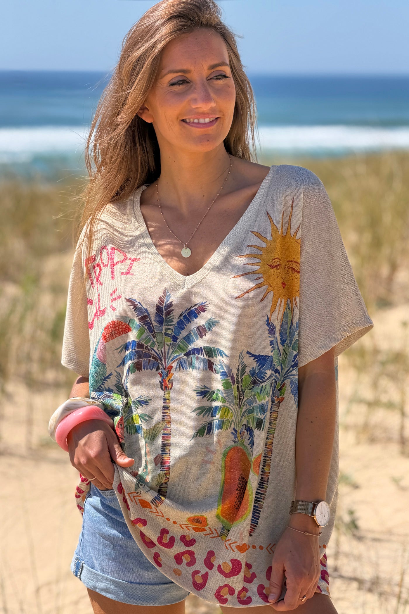 Top brillant lurex imprimé coloré tropical palmier soleil et papaye