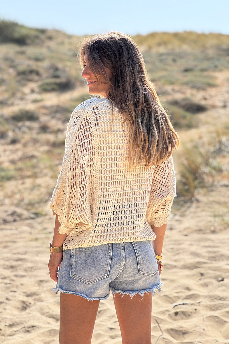 Cream Crochet Medallion V-Neck Dolman Top