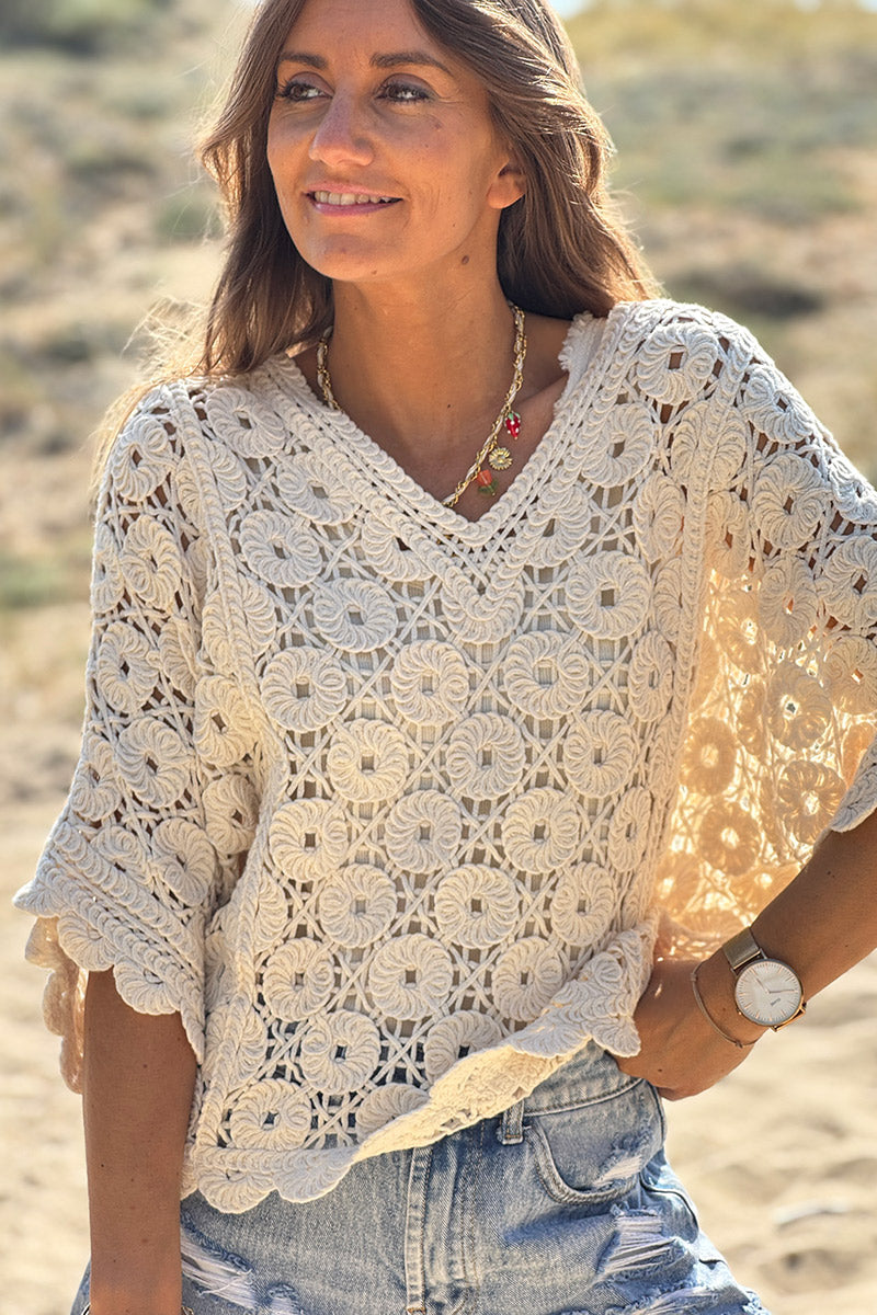 Cream Crochet Medallion V-Neck Dolman Top