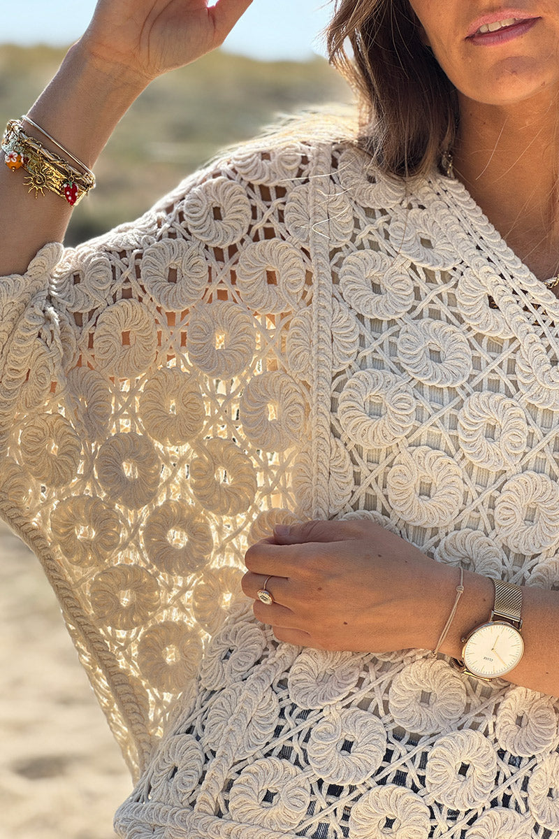 Cream Crochet Medallion V-Neck Dolman Top