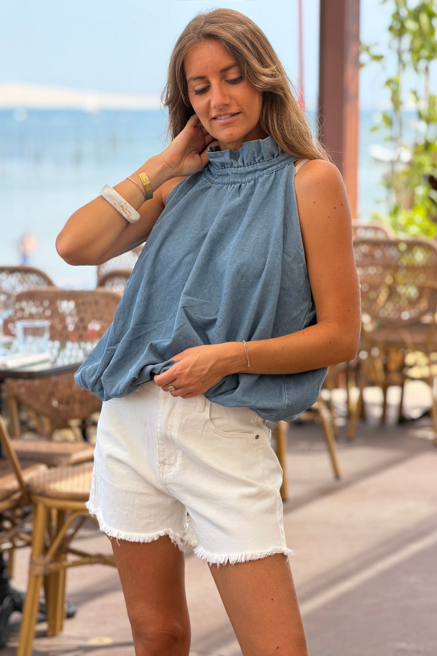 Blue jean Bubble Halter Blouse

