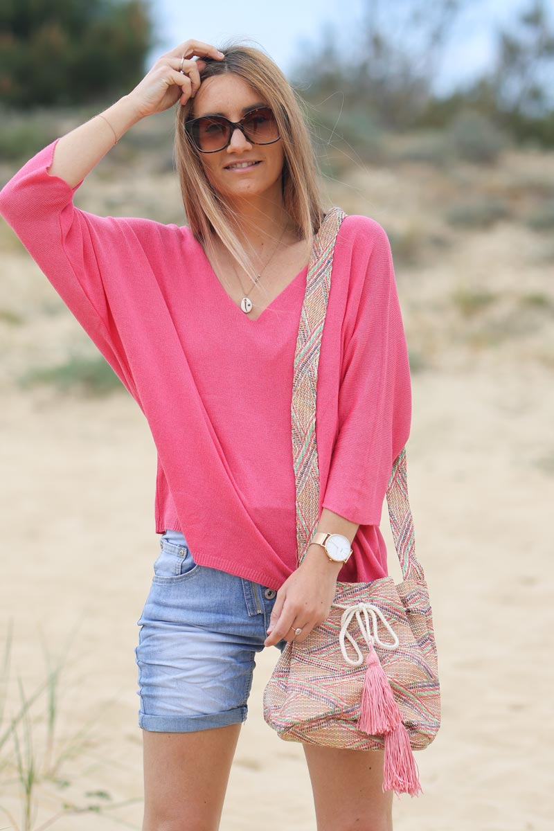Top fuschia jersey manches chauve souris E161 (1)