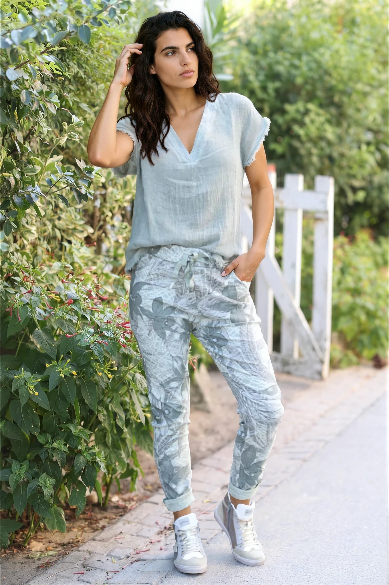 Top kaki mi coton mi lin petites franges