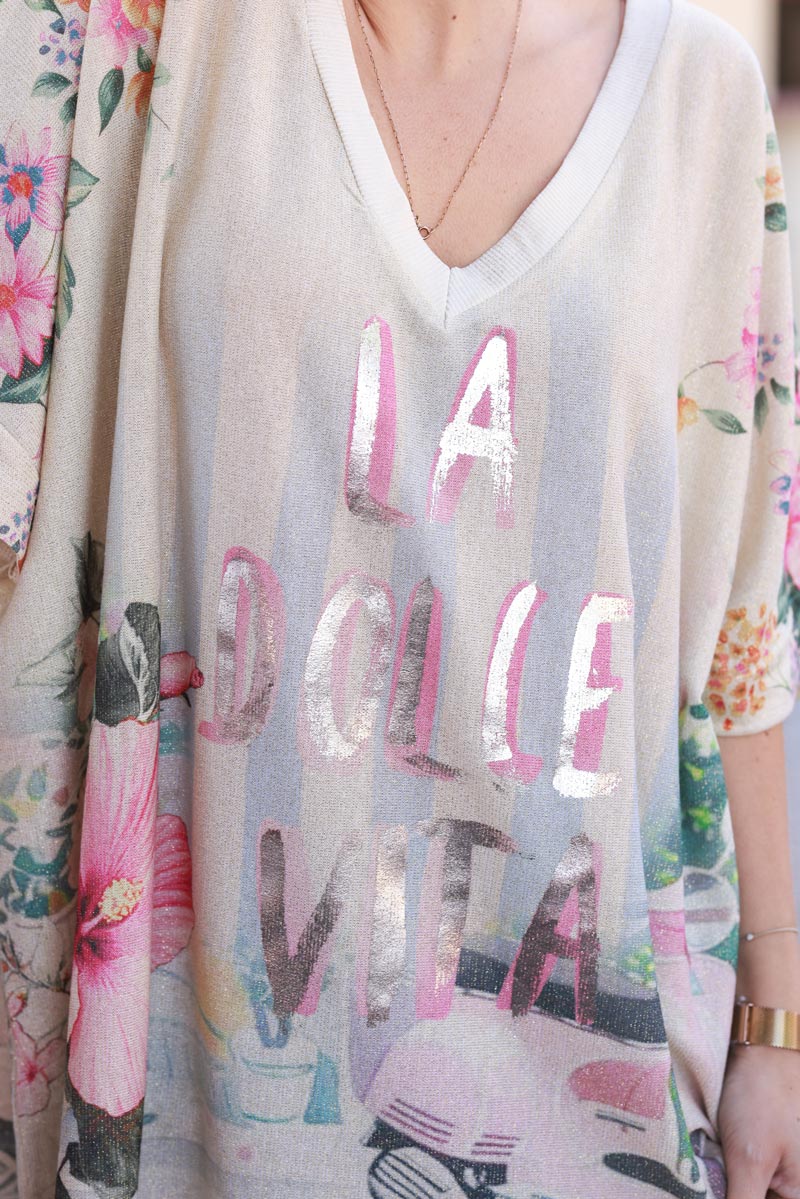 Top large beige brillant imprimé La Dolce Vita et fleurs
