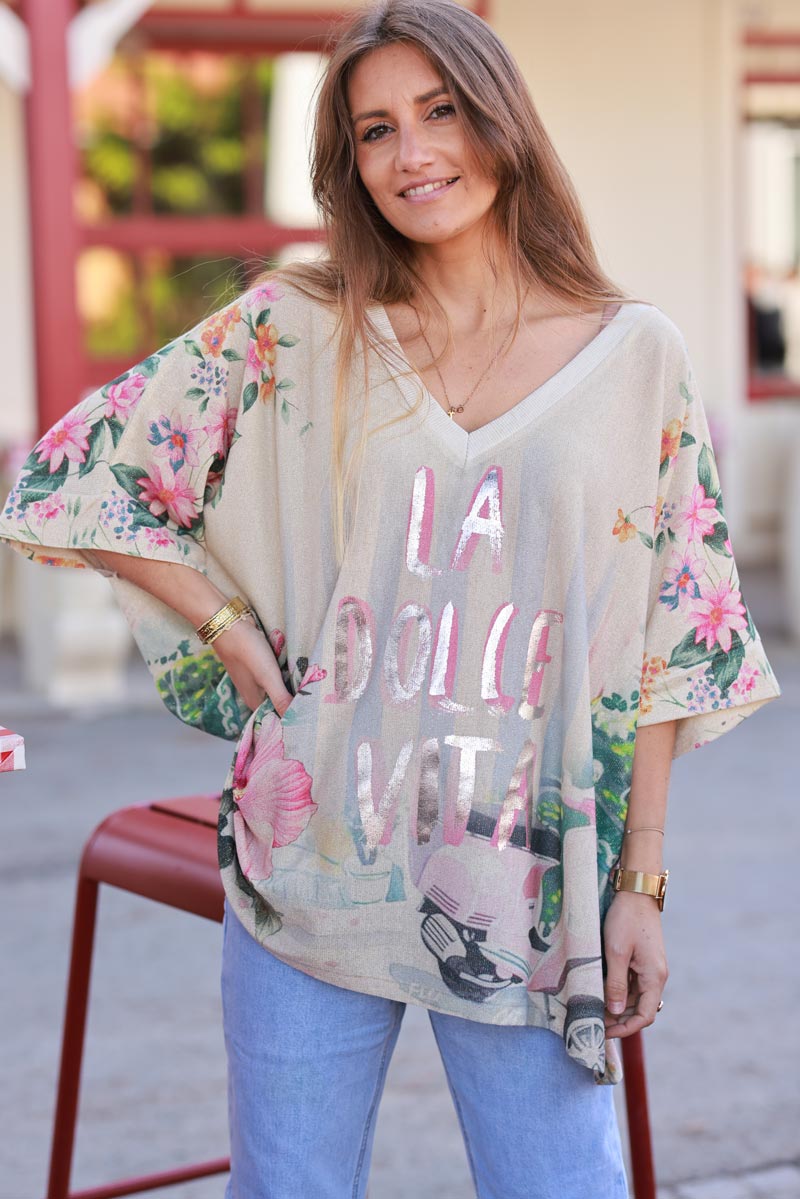 Top large beige brillant imprimé La Dolce Vita et fleurs