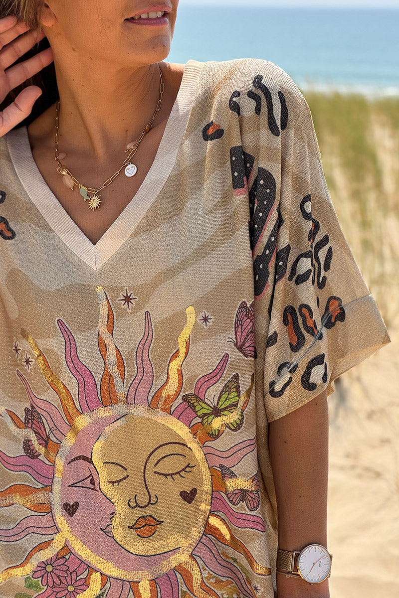 Top large beige brillant imprimé Soleil et léopard