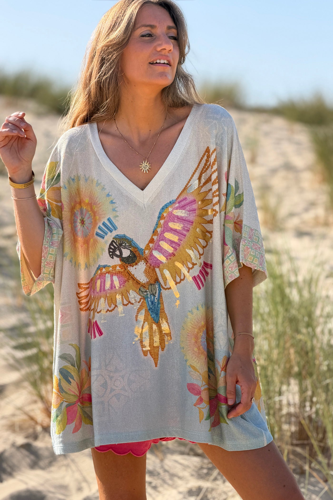 Cream “Bonjour Mon Amour” Tropical Glitter Knit Tunic
