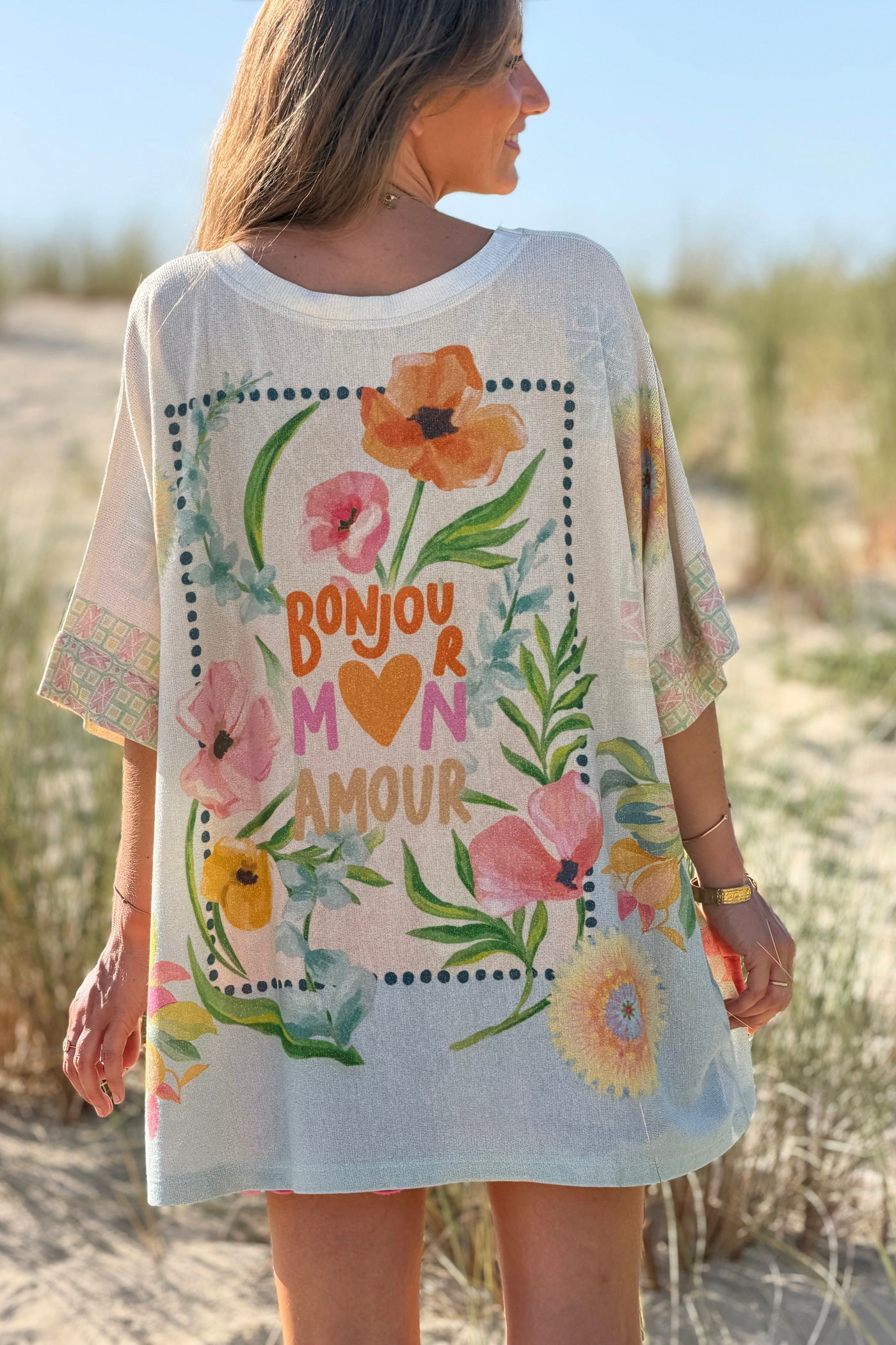 Cream “Bonjour Mon Amour” Tropical Glitter Knit Tunic
