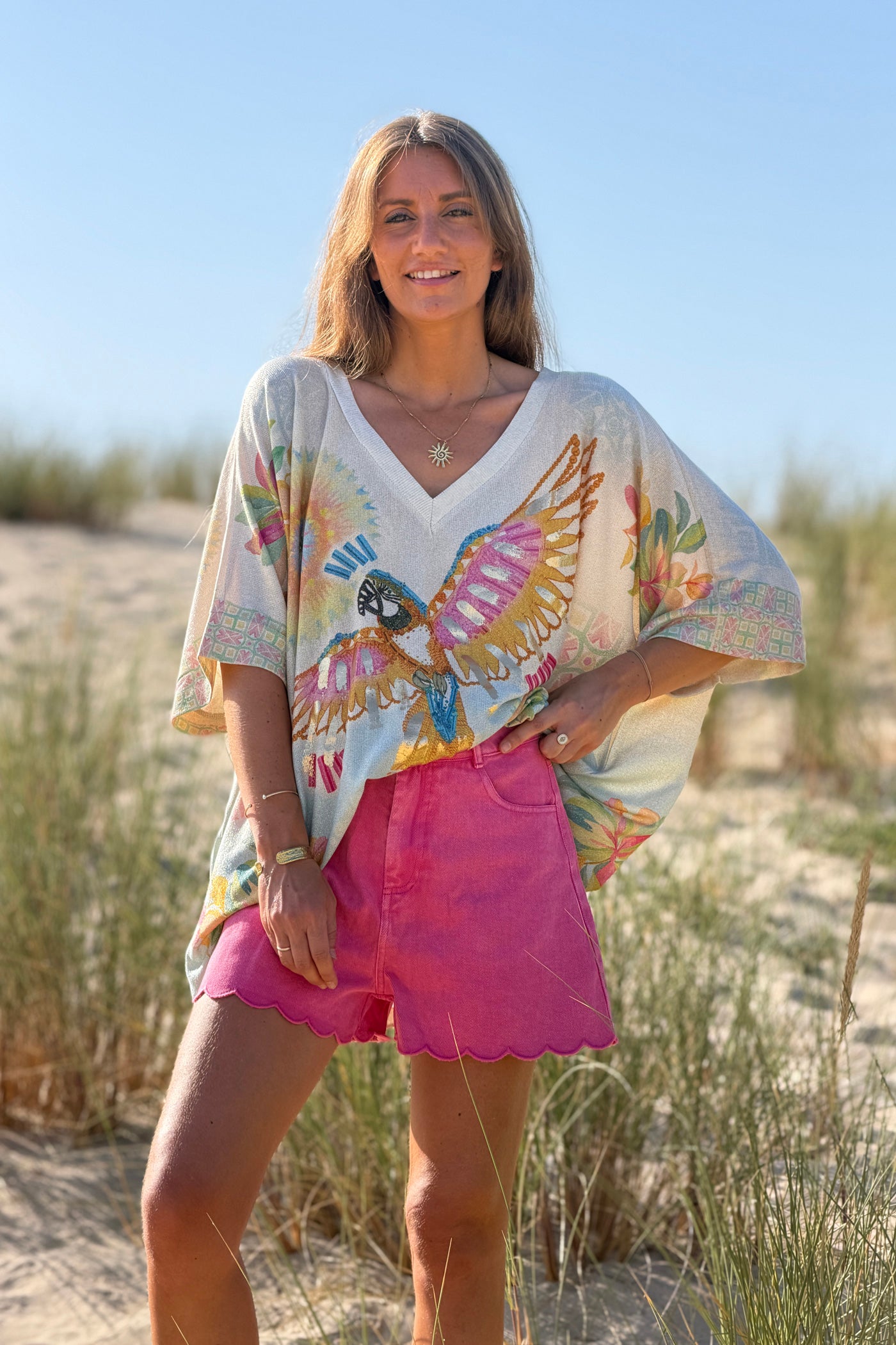 Cream “Bonjour Mon Amour” Tropical Glitter Knit Tunic
