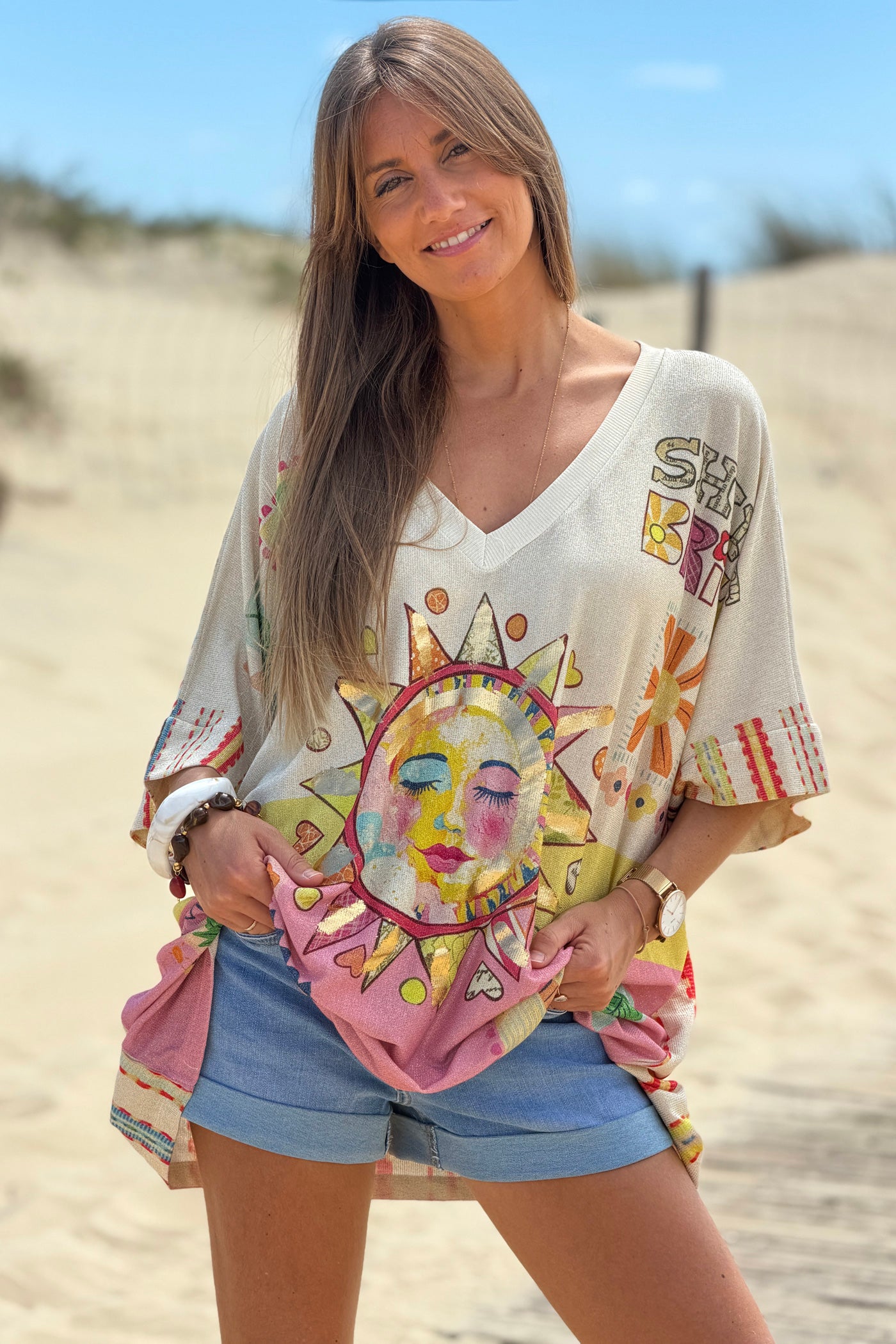 Beige “Shine Bright” Serene Sun Glitter Knit Tunic