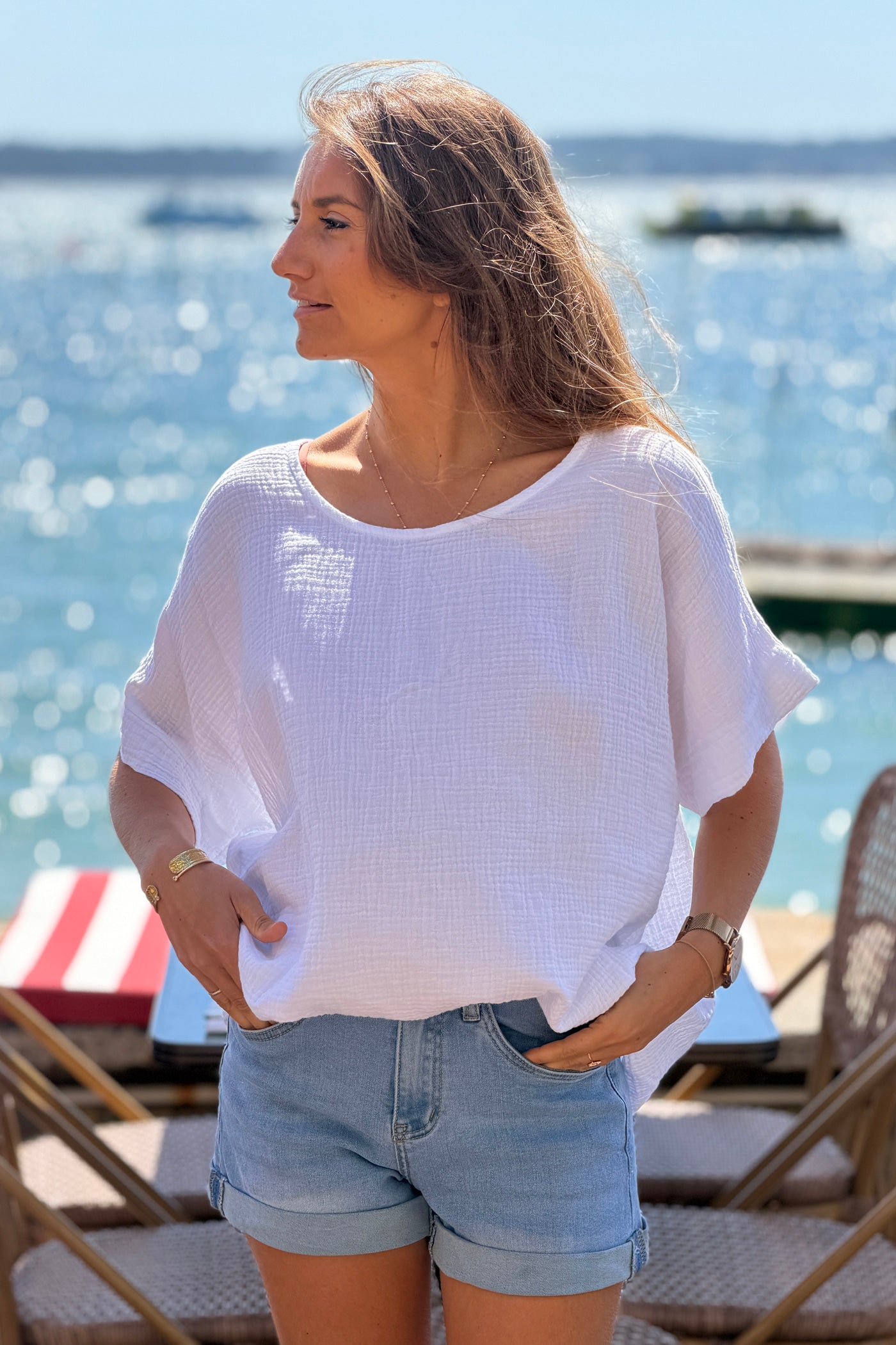 White Crinkle Gauze Blouse