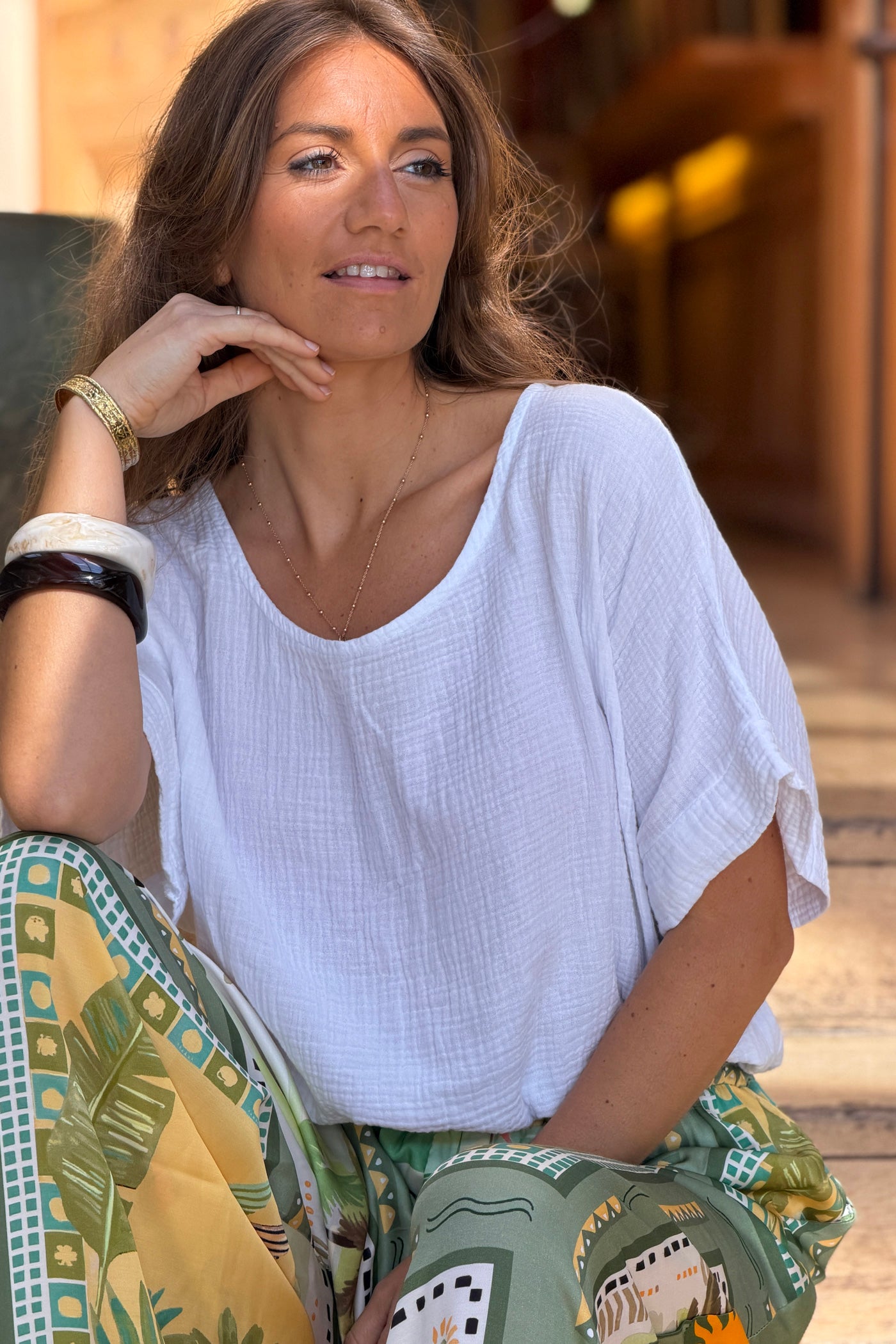 White Crinkle Gauze Blouse