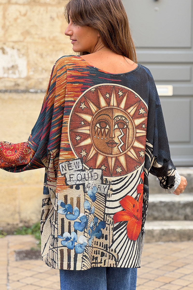 Top large brillant bleu motifs soleil doré et rosaces mandalas orange