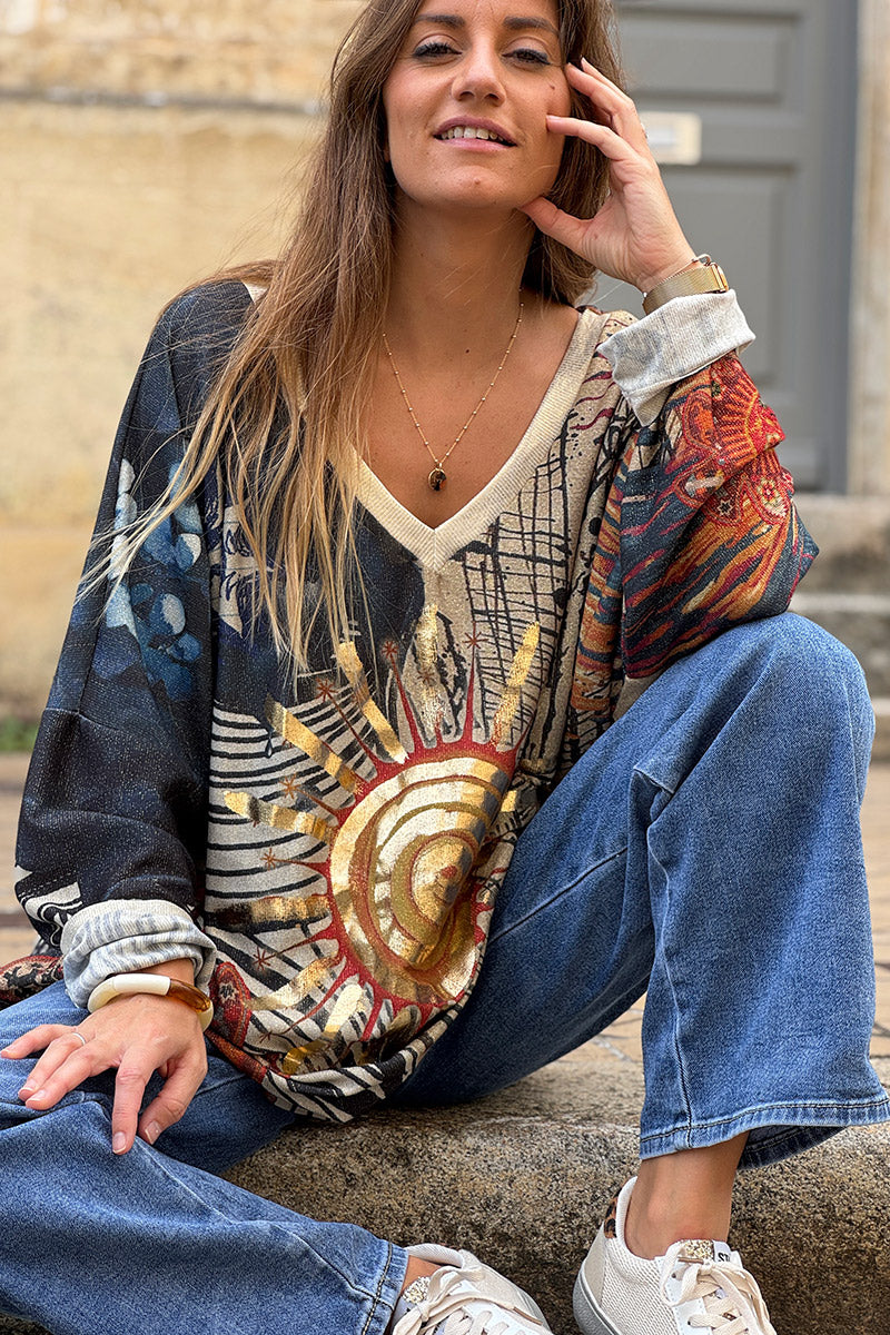Top large brillant bleu motifs soleil doré et rosaces mandalas orange