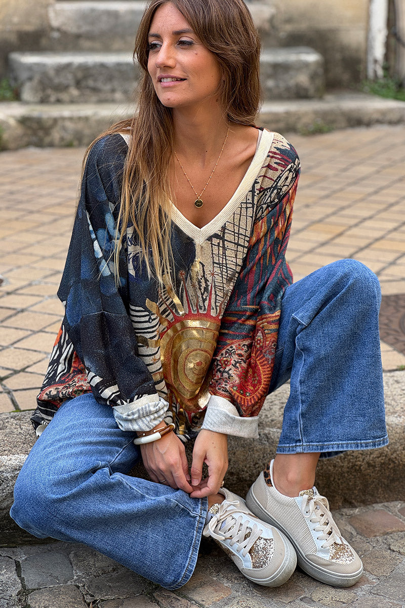 Top large brillant bleu motifs soleil doré et rosaces mandalas orange