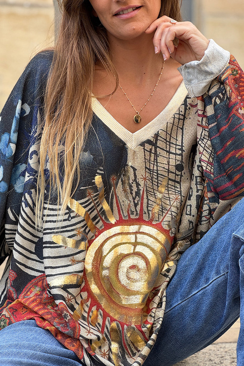 Top large brillant bleu motifs soleil doré et rosaces mandalas orange