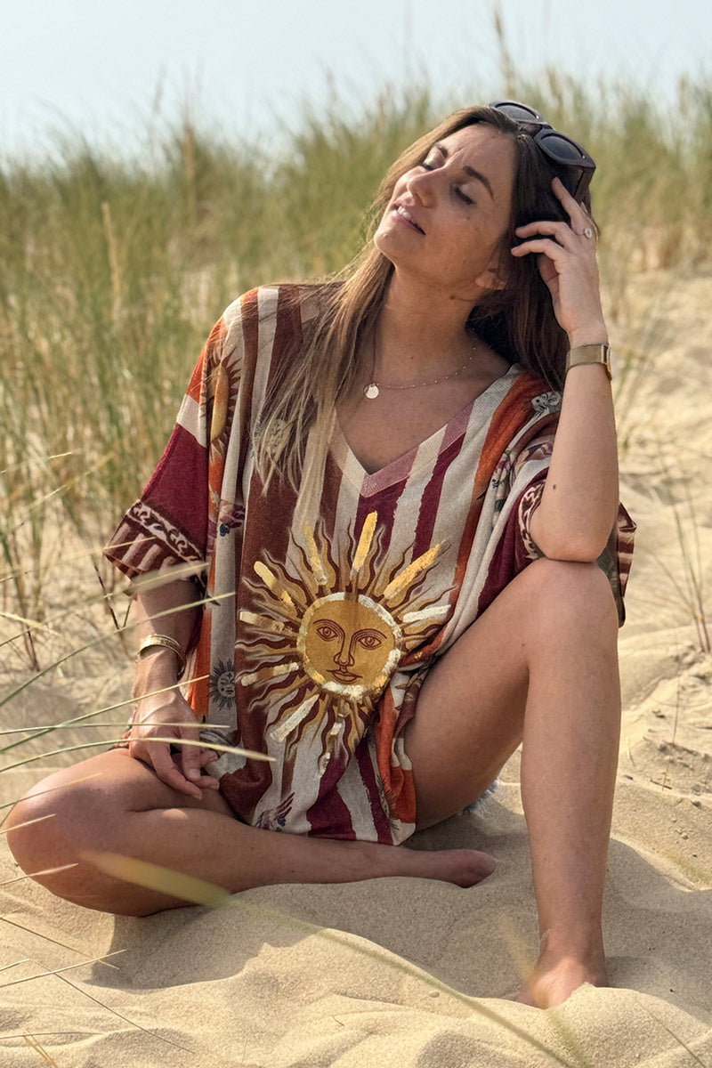Beige Rising Suns Striped Glitter Knit Top