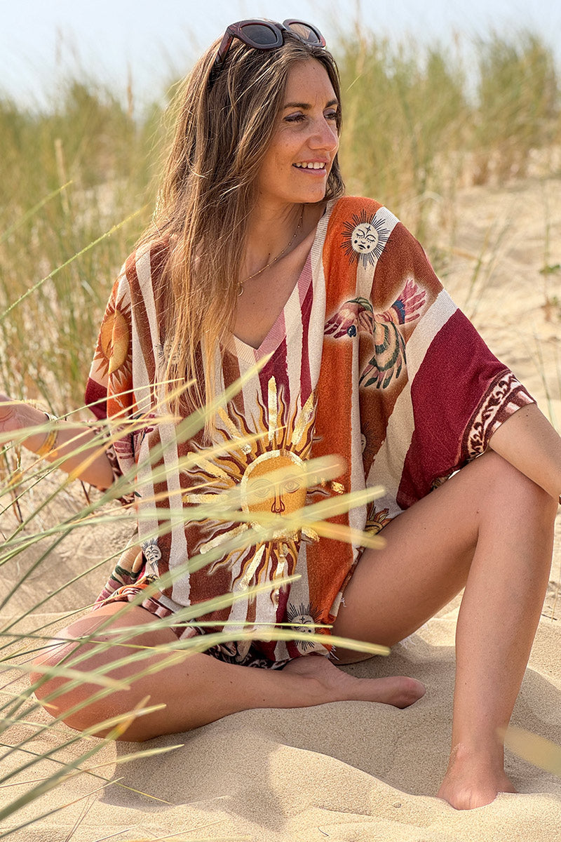 Beige Rising Suns Striped Glitter Knit Top