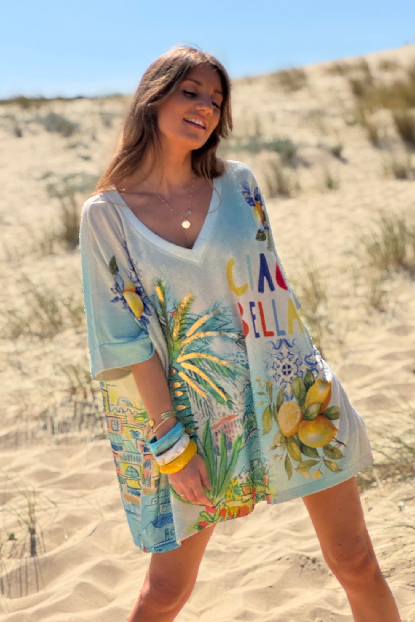 Top large et brillant imprimé bleu Italie citrons Ciao Bella