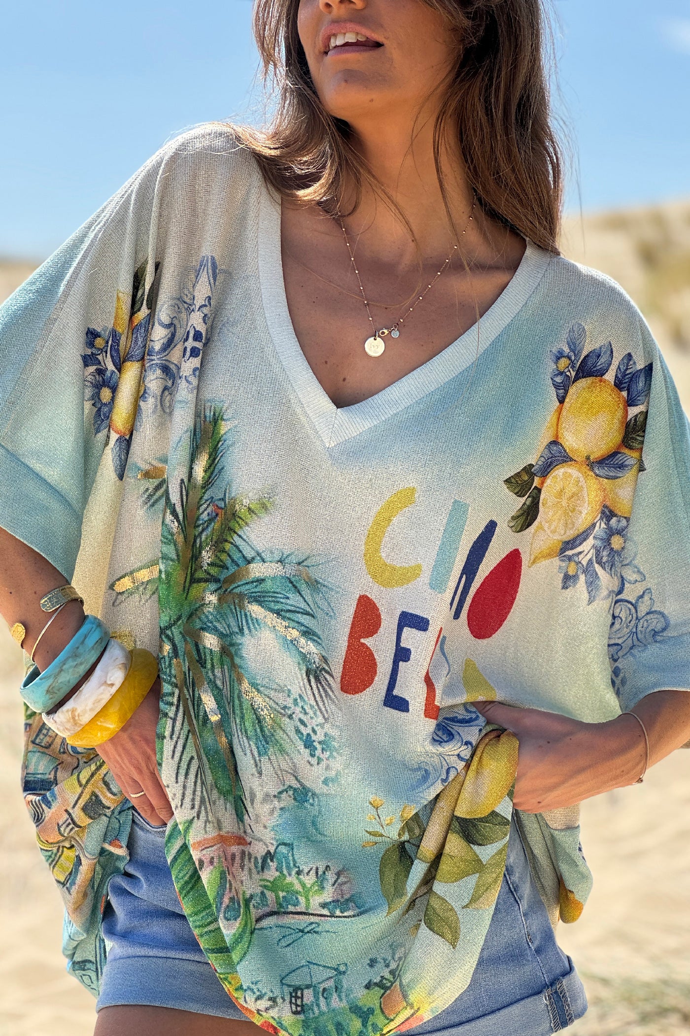 Top large et brillant imprimé bleu Italie citrons Ciao Bella