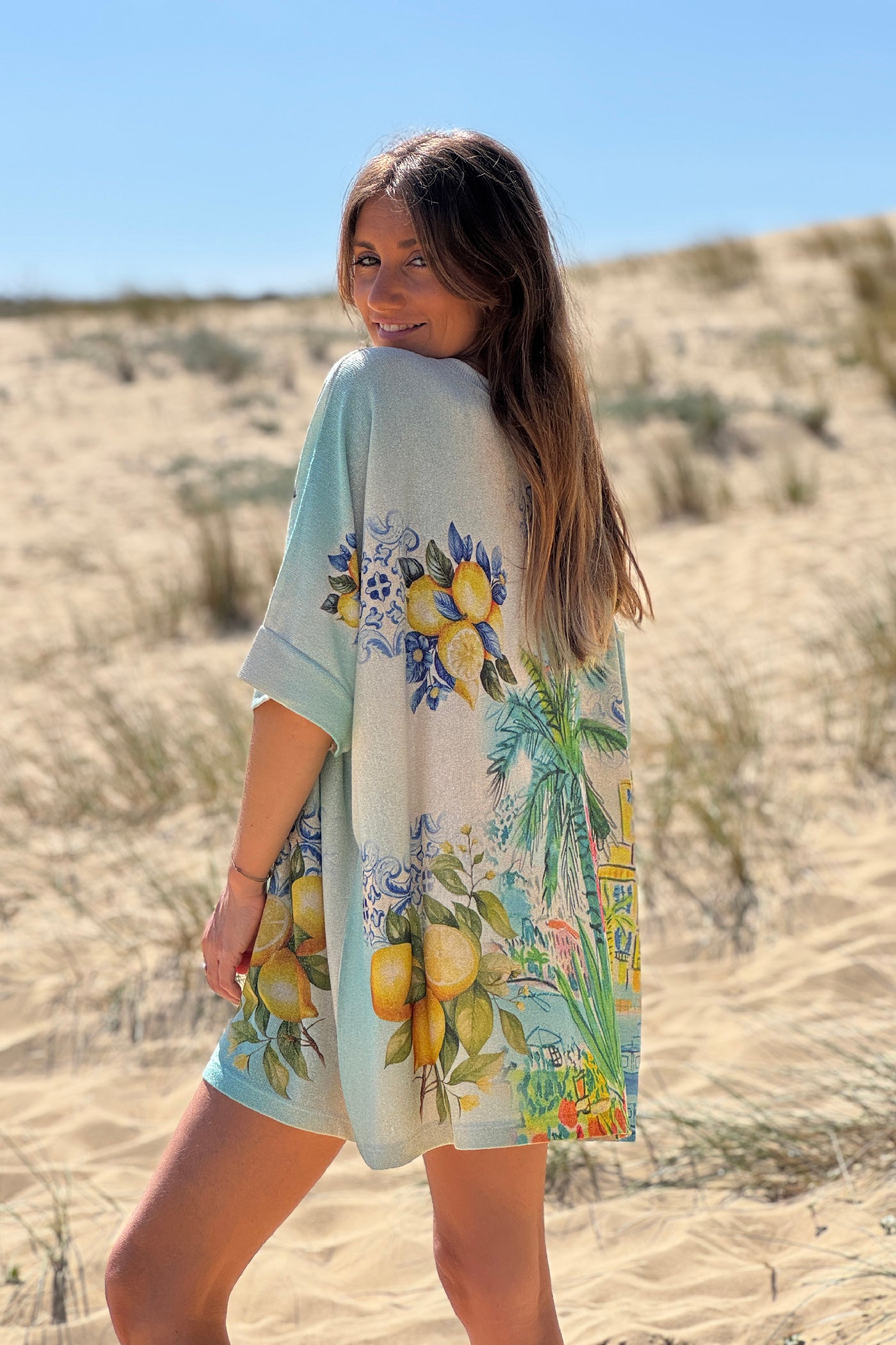 Top large et brillant imprimé bleu Italie citrons Ciao Bella