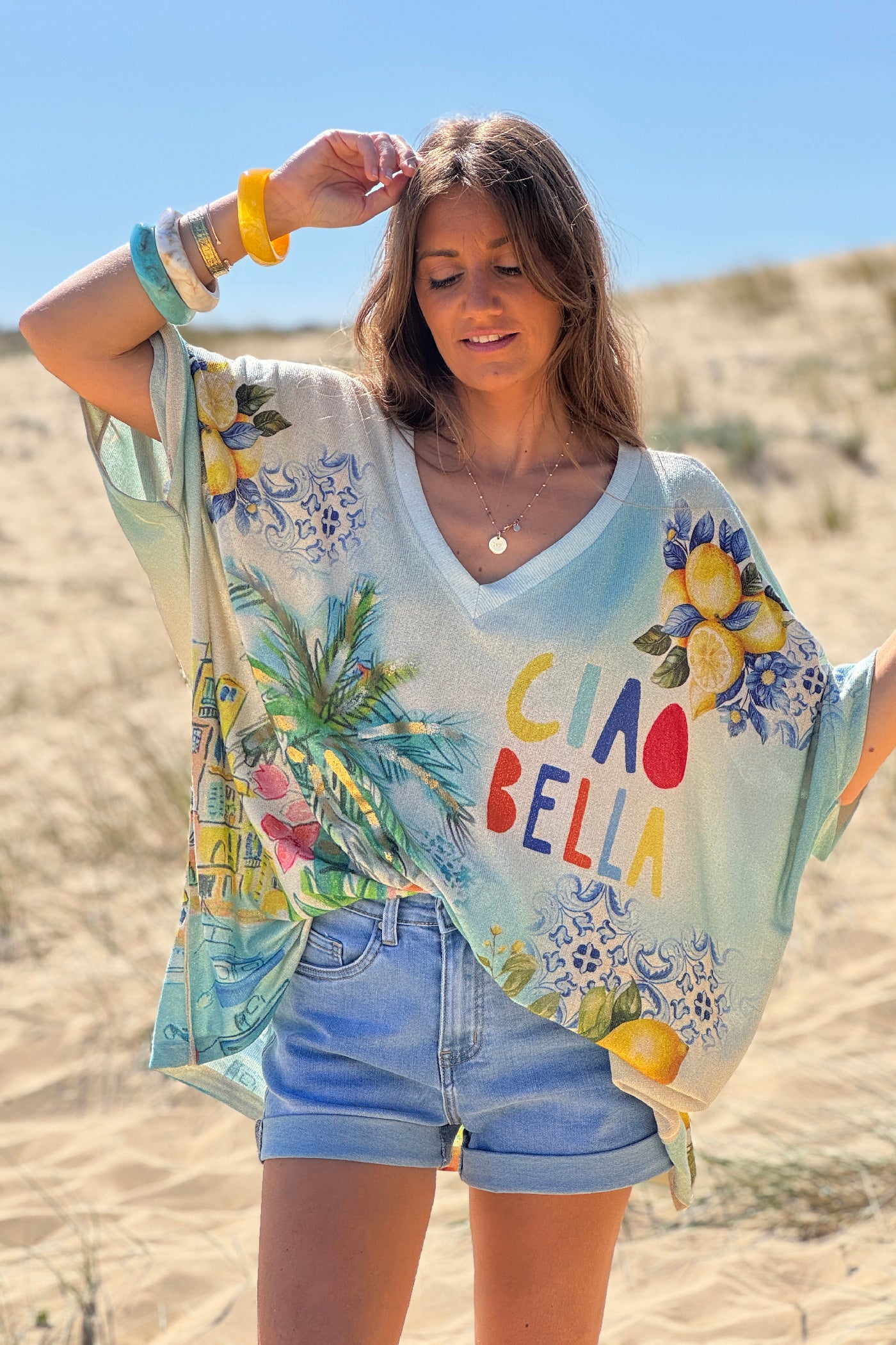 Top large et brillant imprimé bleu Italie citrons Ciao Bella
