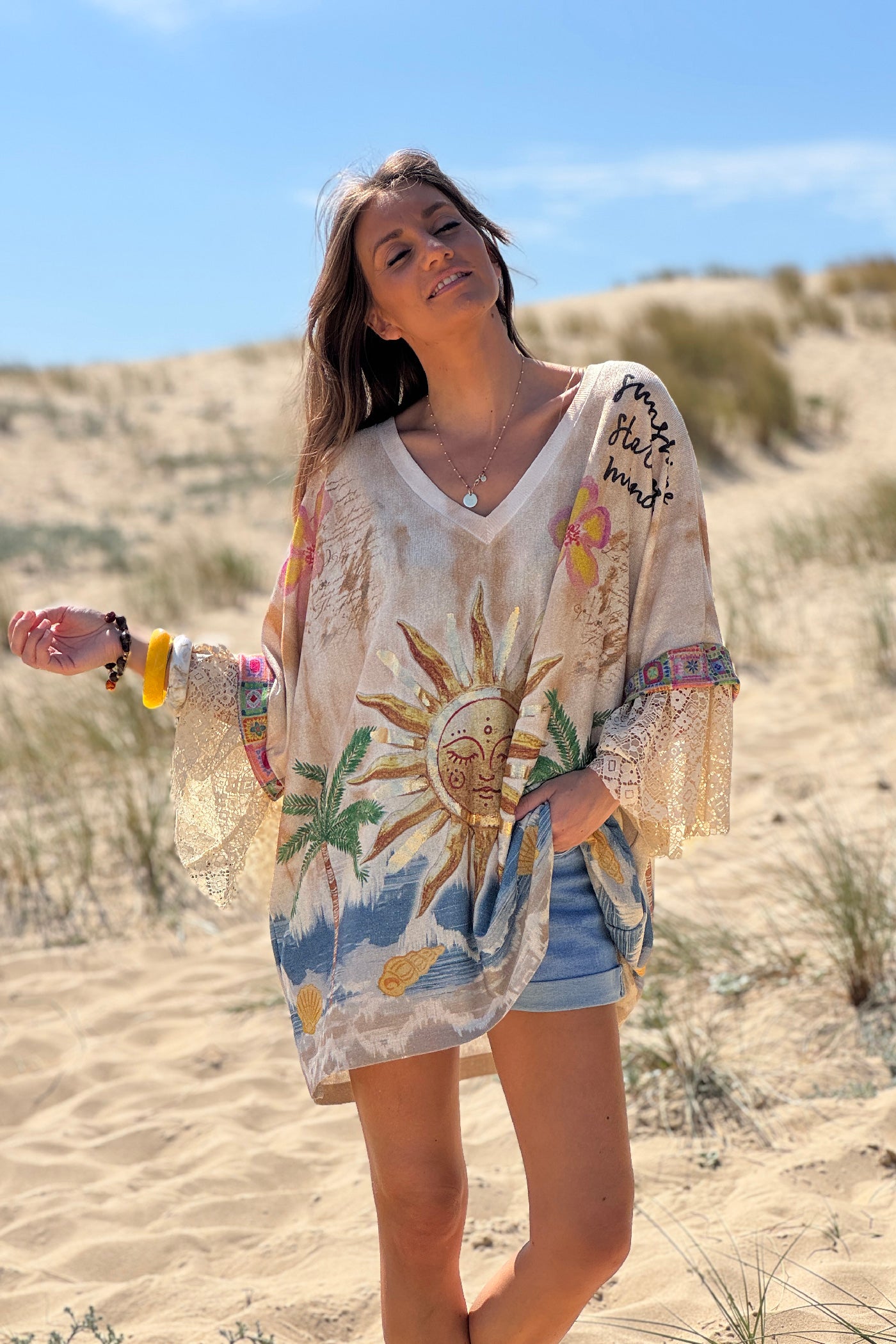 Beige Sun and Sea Lace Sleeve Glitter Knit Top