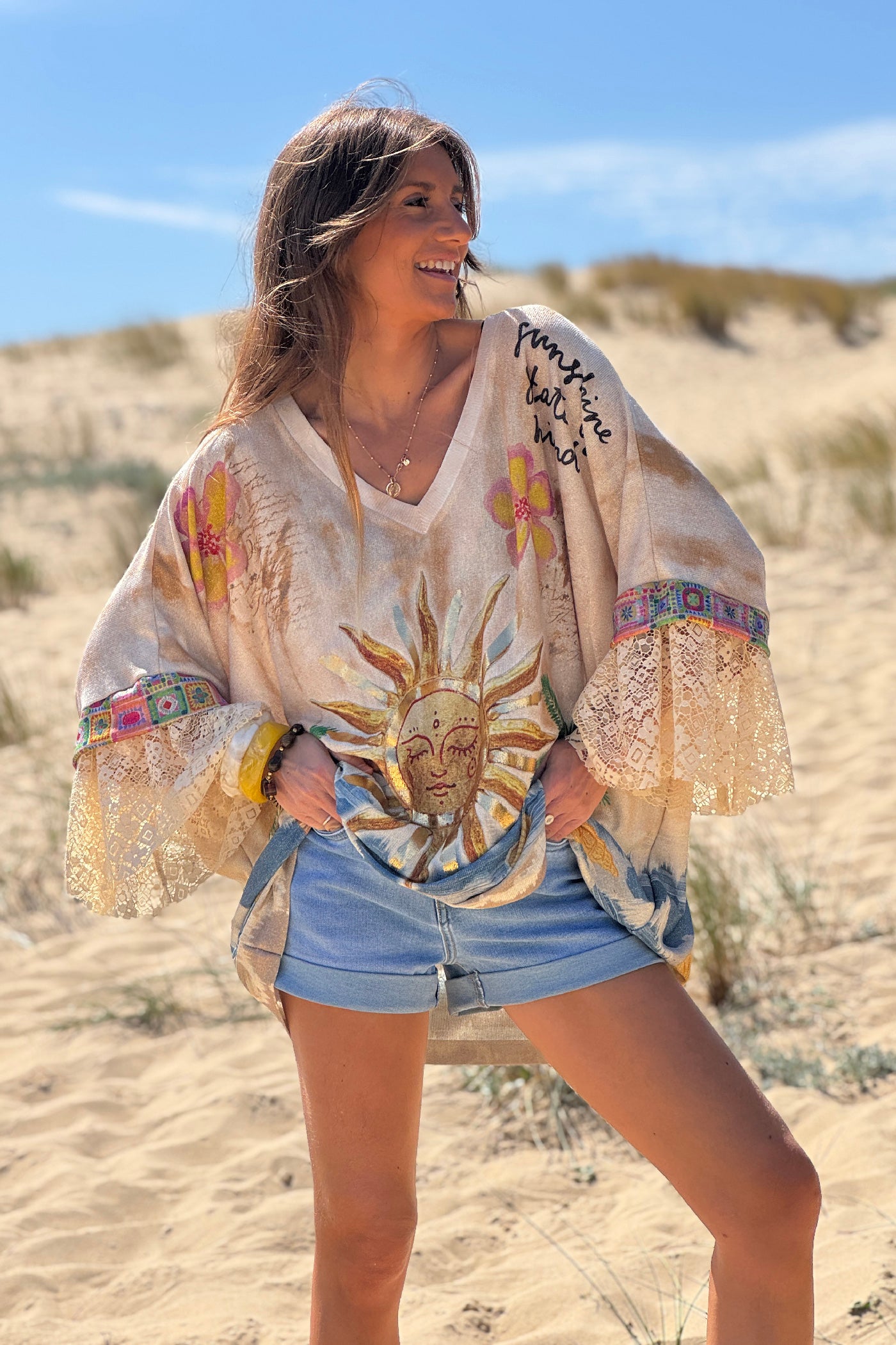 Beige Sun and Sea Lace Sleeve Glitter Knit Top