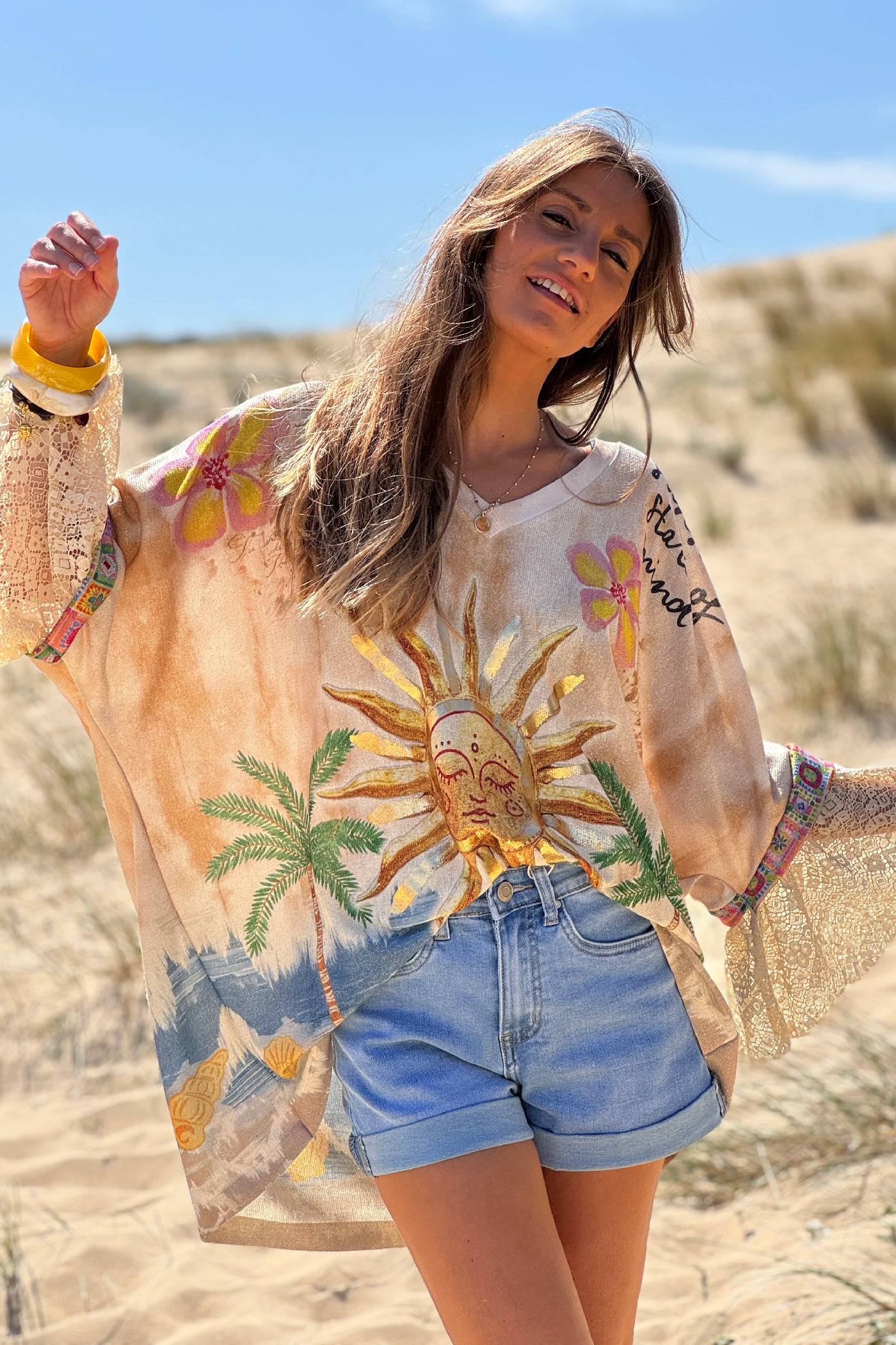 Beige Sun and Sea Lace Sleeve Glitter Knit Top
