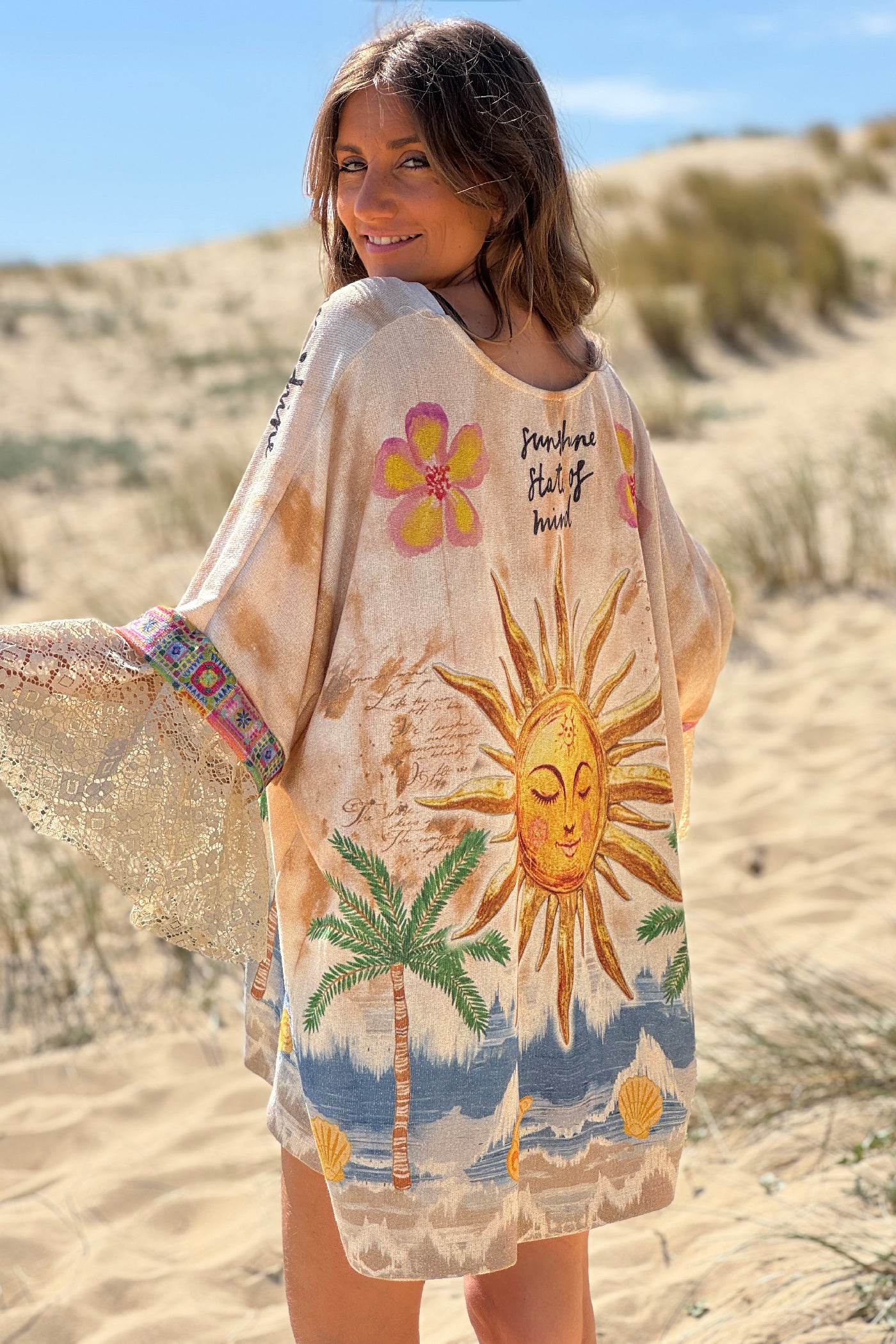 Beige Sun and Sea Lace Sleeve Glitter Knit Top